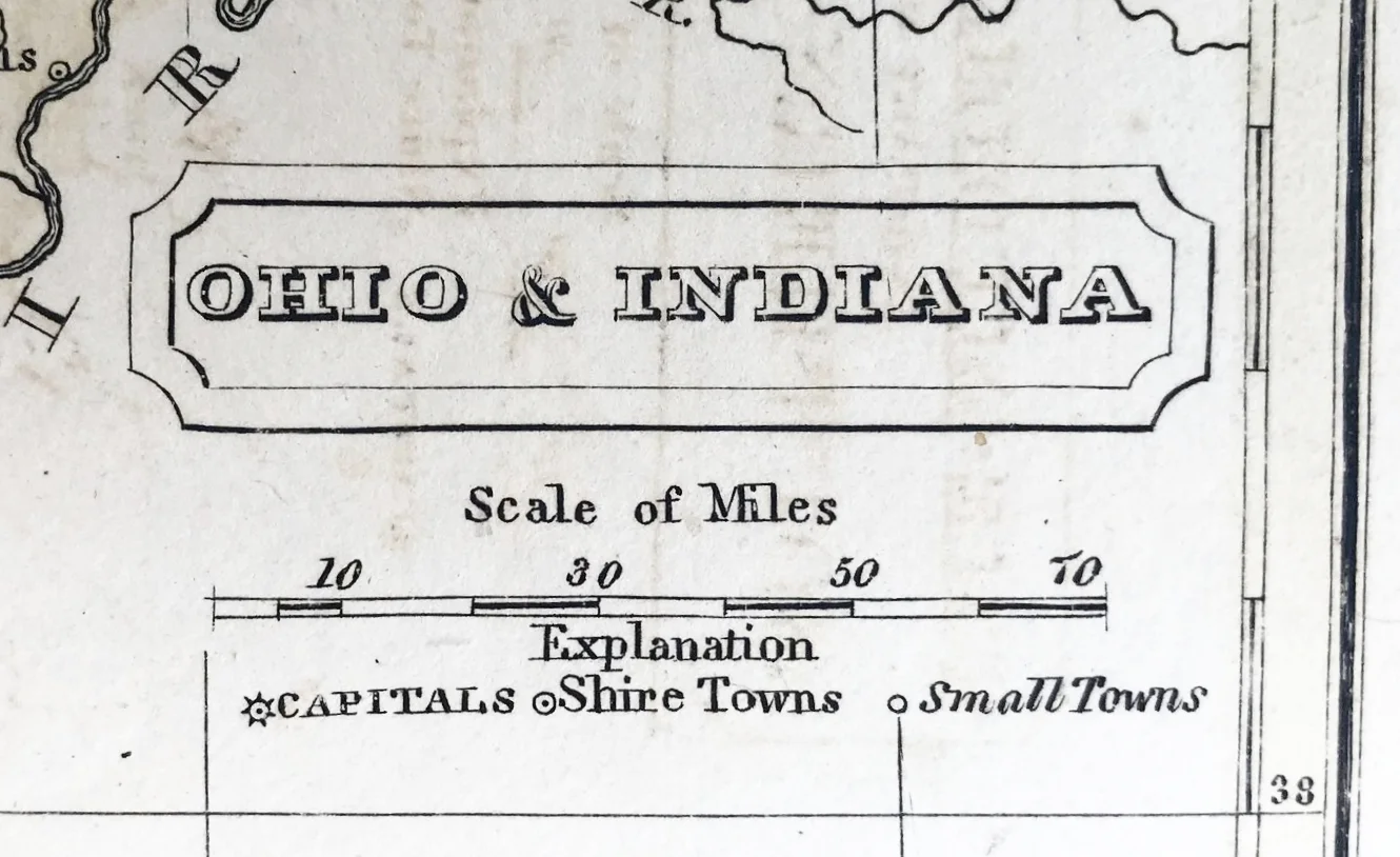  Map of Ohio &amp; Indiana distance scale and symbols for Capitals, Shire Towns and Small Towns  