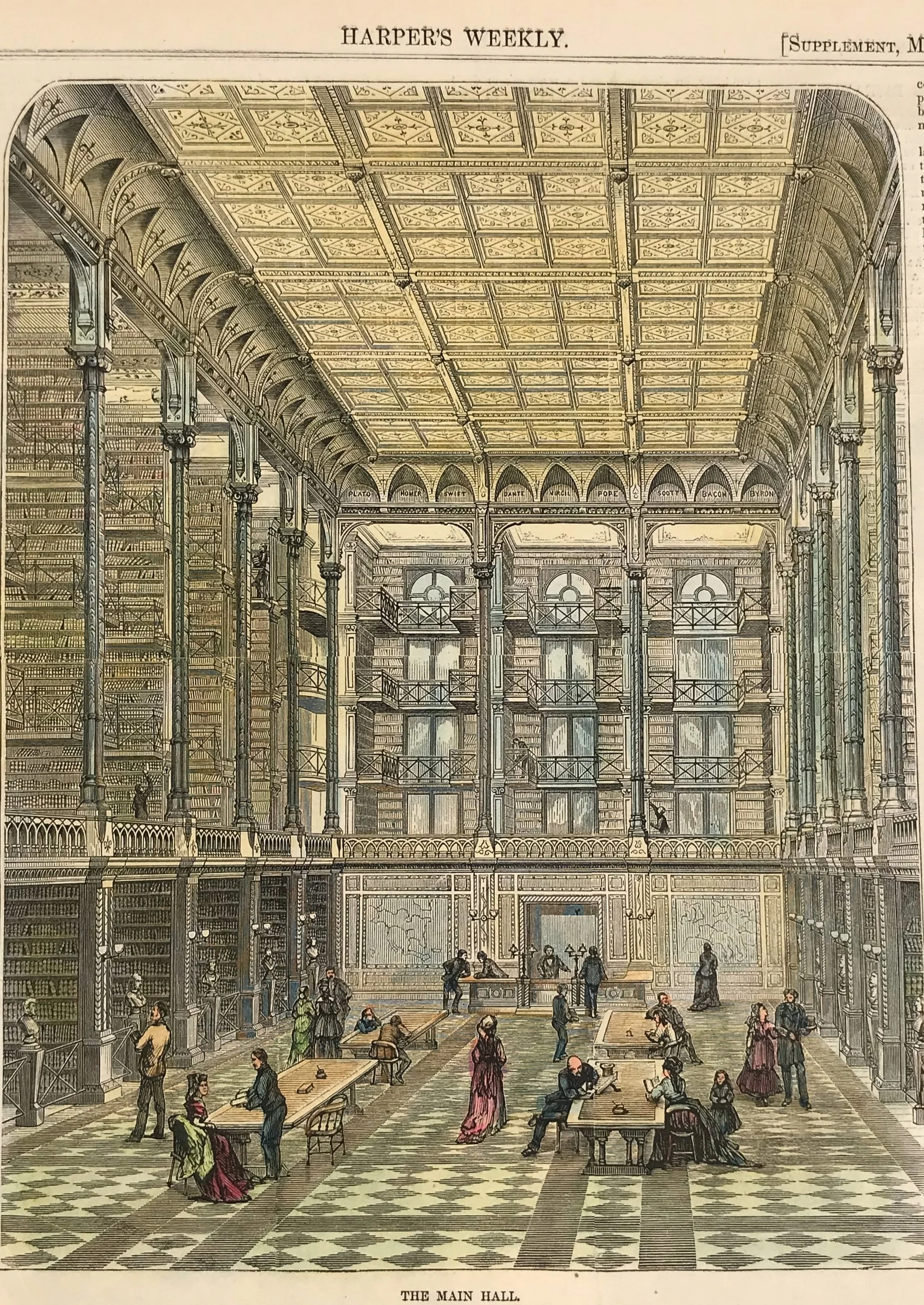  The Main Hall - The main hall of the Cincinnati Public Library (above) was reported to have over six miles of shelving space and the capacity to hold 250,000 volumes.  