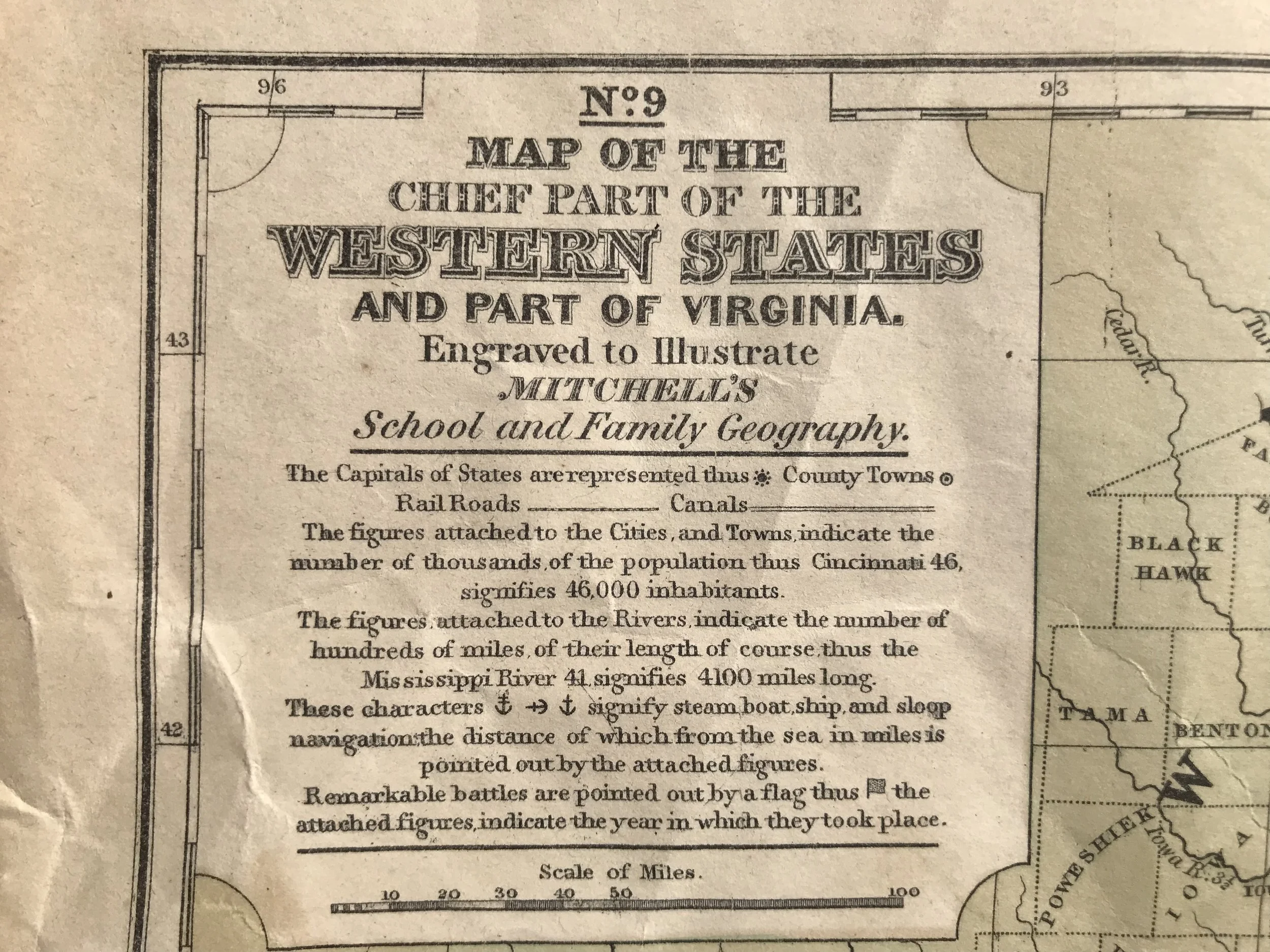 “Map of The Chief Part of The Western States and Part of Virginia. Engraved to Illustrate Mitchell’s School and Family Geography. The Capitals of States are represented thus (symbol) County Towns (symbol) Rail Roads (symbol) Canals (symbol)   The fi