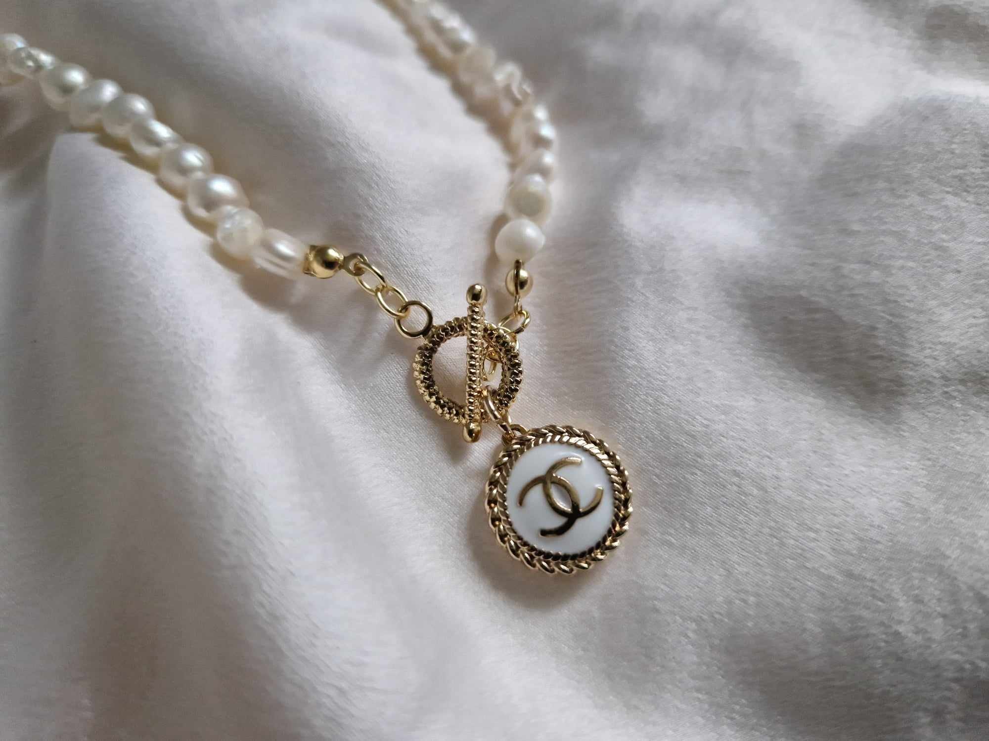 Vintage White & Gold Chanel Button Necklace