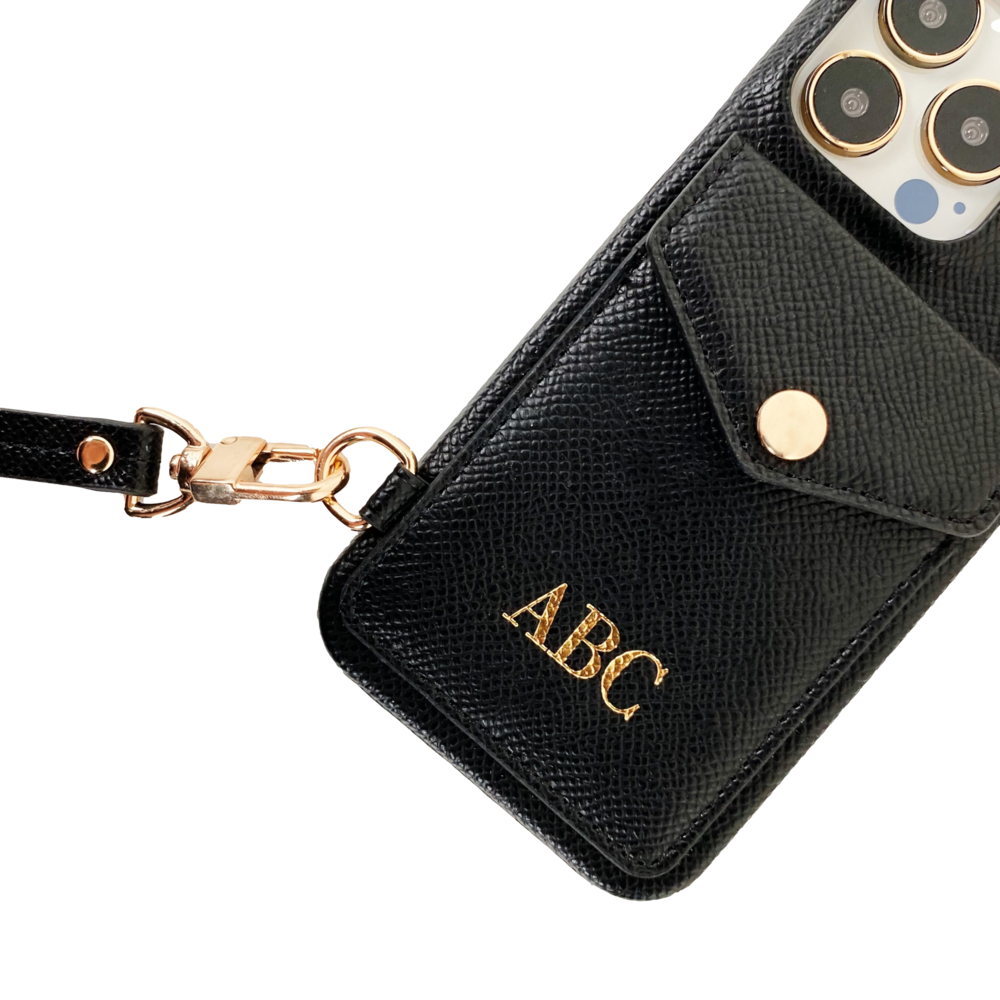 Black Leather Phone Case Wallet with Crossbody Pearl iPhone Chain – Louve  collection