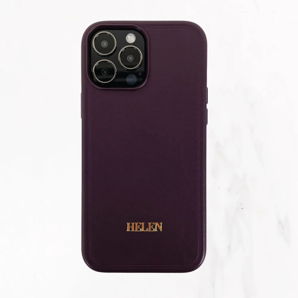 Valerie Constance Personalized Custom iPhone 15 Leather Case - Compatible with MagSafe - Dark Purple Designer Monogram - iPhone 15 Pro Max