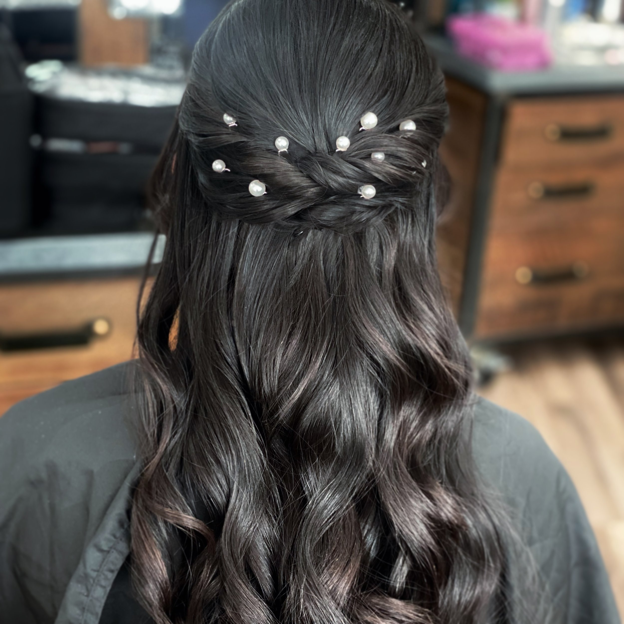 half up with pearl accents ✨ 
.
.
#hair #bridesmaid #bride #njbride #bridalhair #updo #halfuphair #halfuphairstyles #bridalhair #hairstyles #upstyle #eventhair #ponytails #partypony #ponytailhair #njwedding #weddinghair #njhairstylist #bridalhairstyl