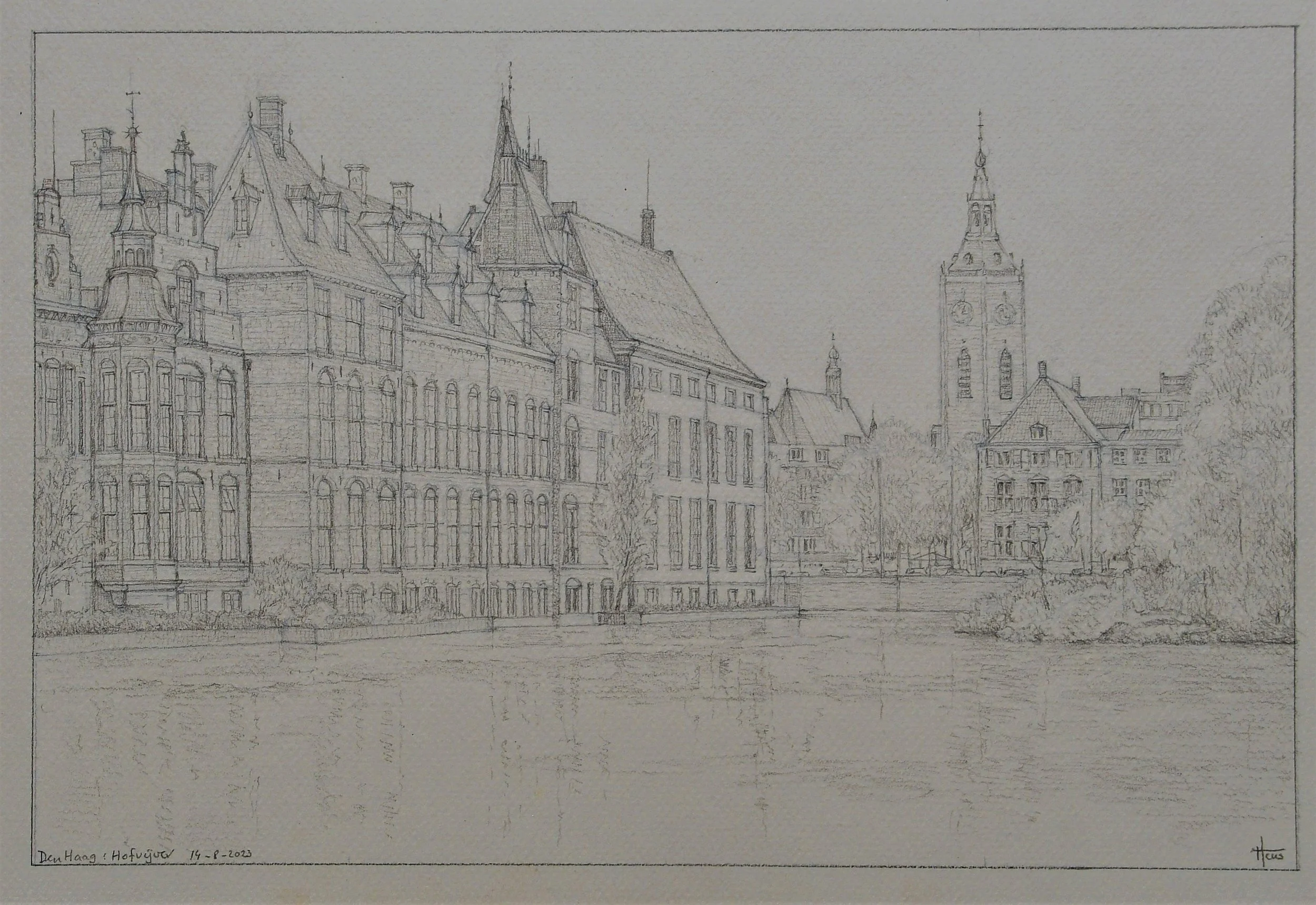 Den Haag, Hofvijver met Grote Kerk op achtergrond