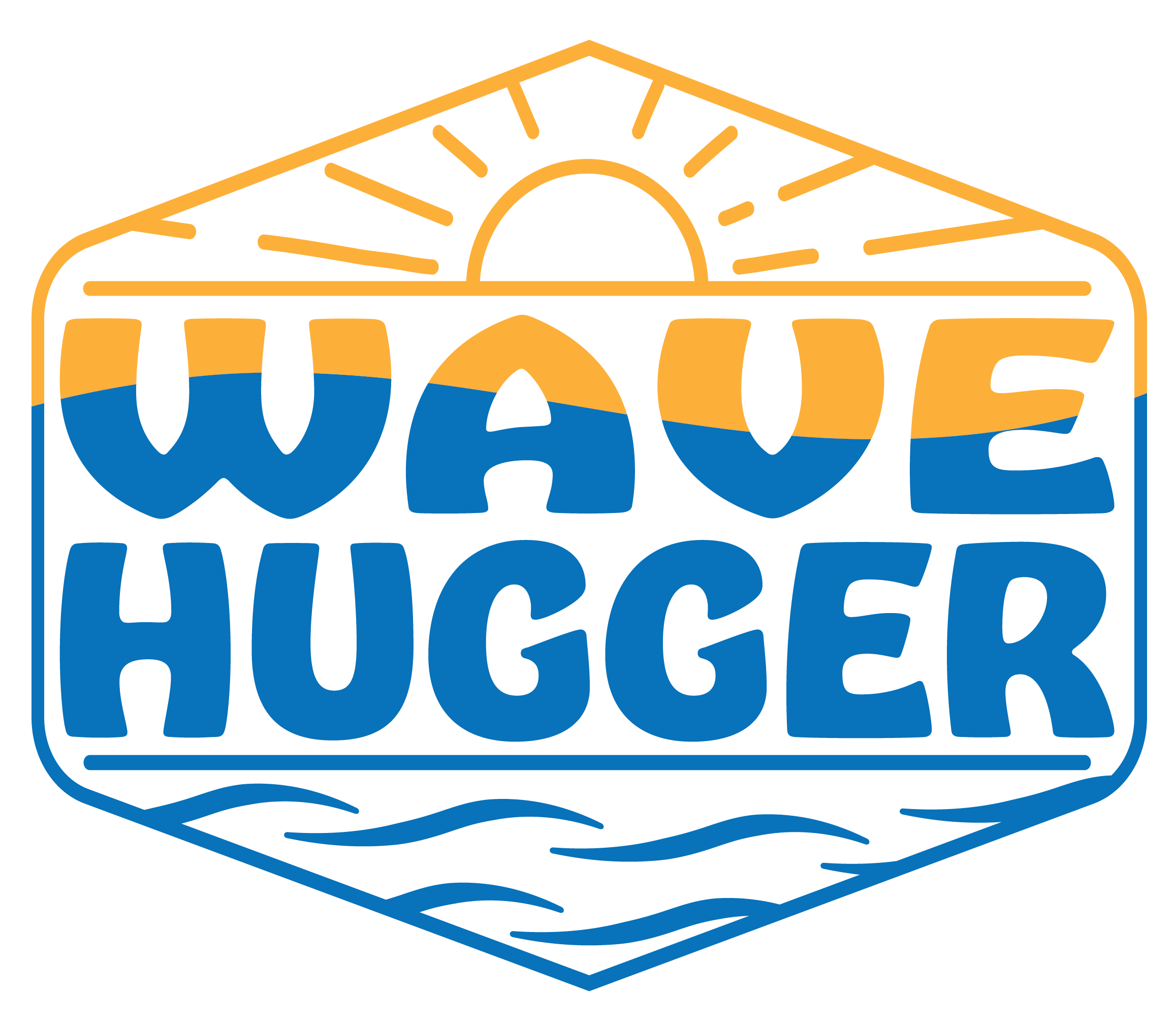 The words "Wave Hugger" sandwiched between a sunrise and waves.
