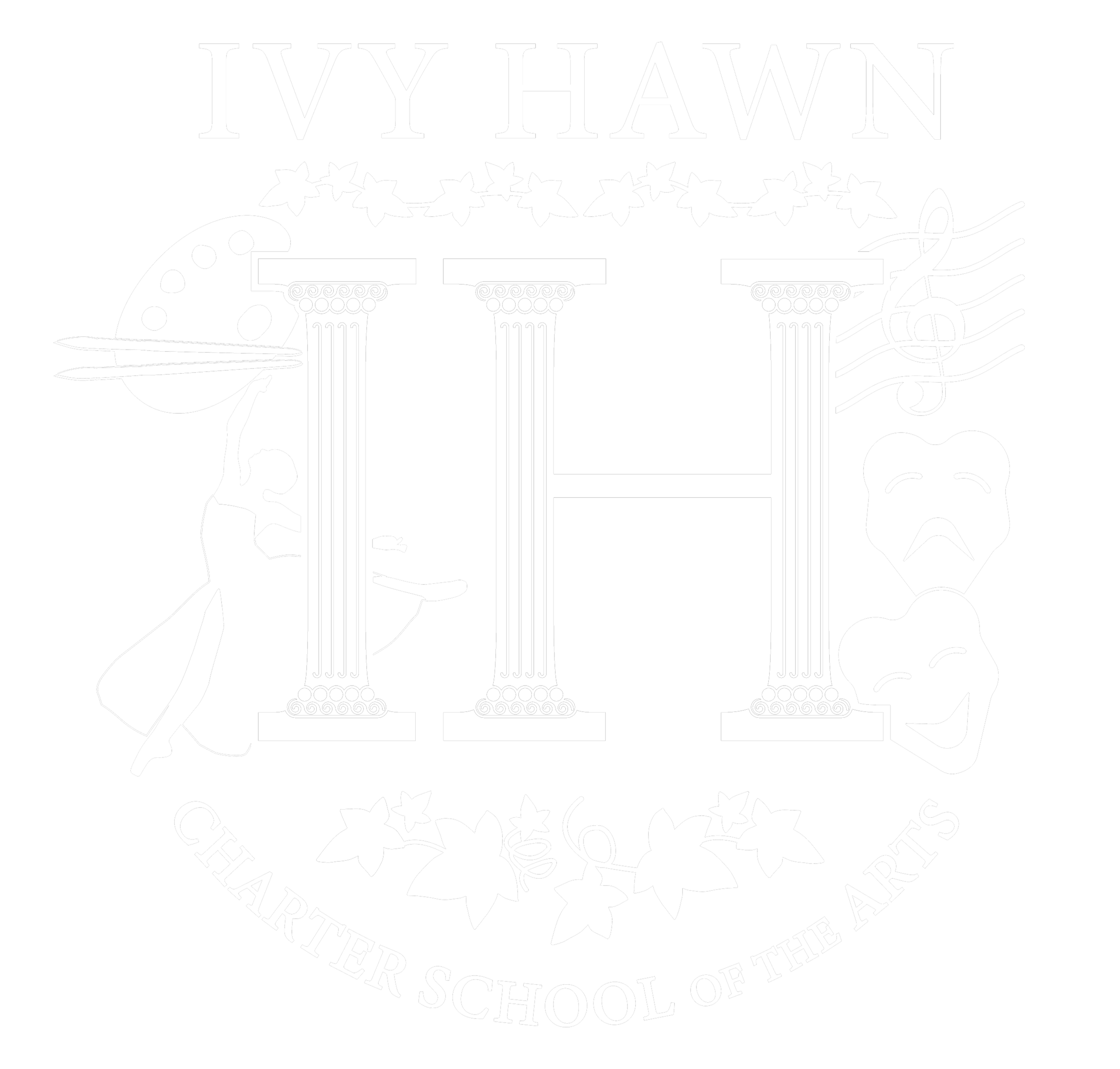 Three pillars form the letters "I" and "H." They are surrounded by the images of a dancer, a paint kit, stars, musical notes, leaves, theater masks, and the words "Ivy Hawn Charter School of the Arts."