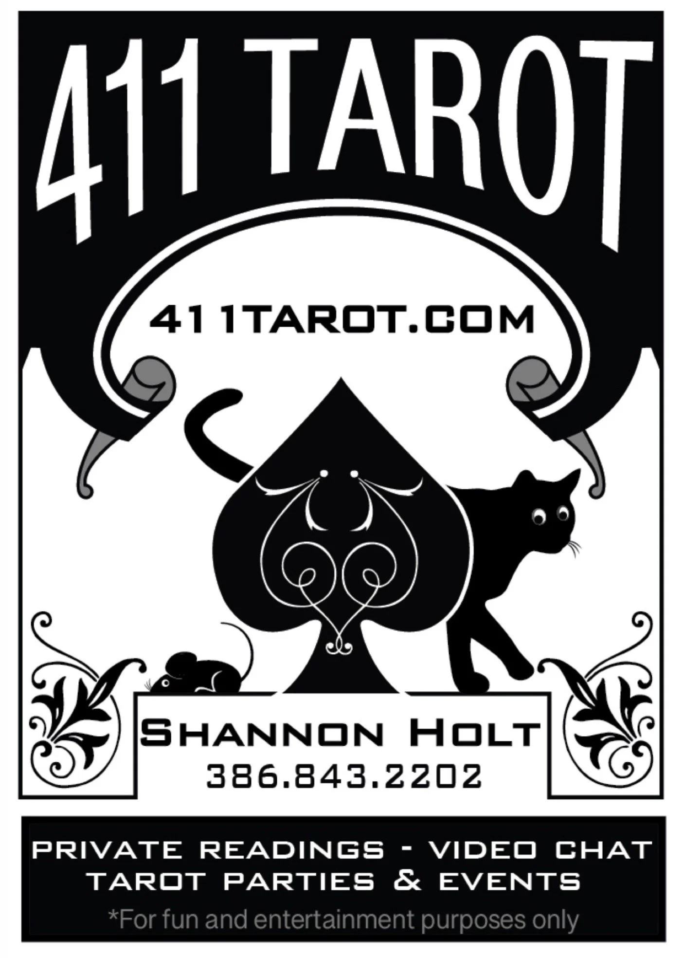 An ace of spades card with a black cat behind the center spade. The card is covered with text. At the top, in big letters, it reads "411 Tarot."