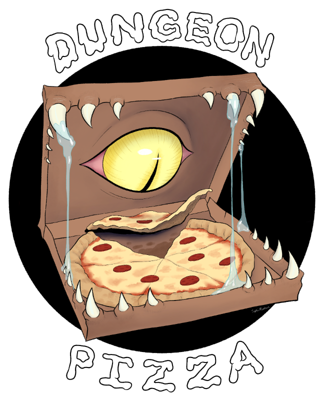 An open pizza box with dripping teeth around the rim and an eye in the center of the inner top flap. Around the image are the words "Dungeon Pizza."