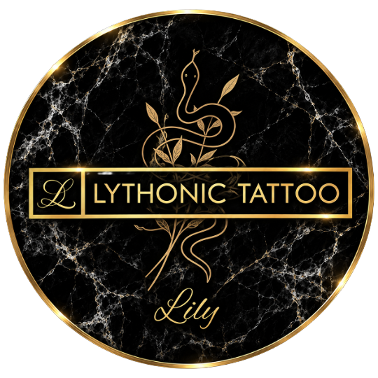 A black and gold marble circle with the image of a snake slithering through branches in the center. Above the snake reads "Lythonic Tattoo, Lily."