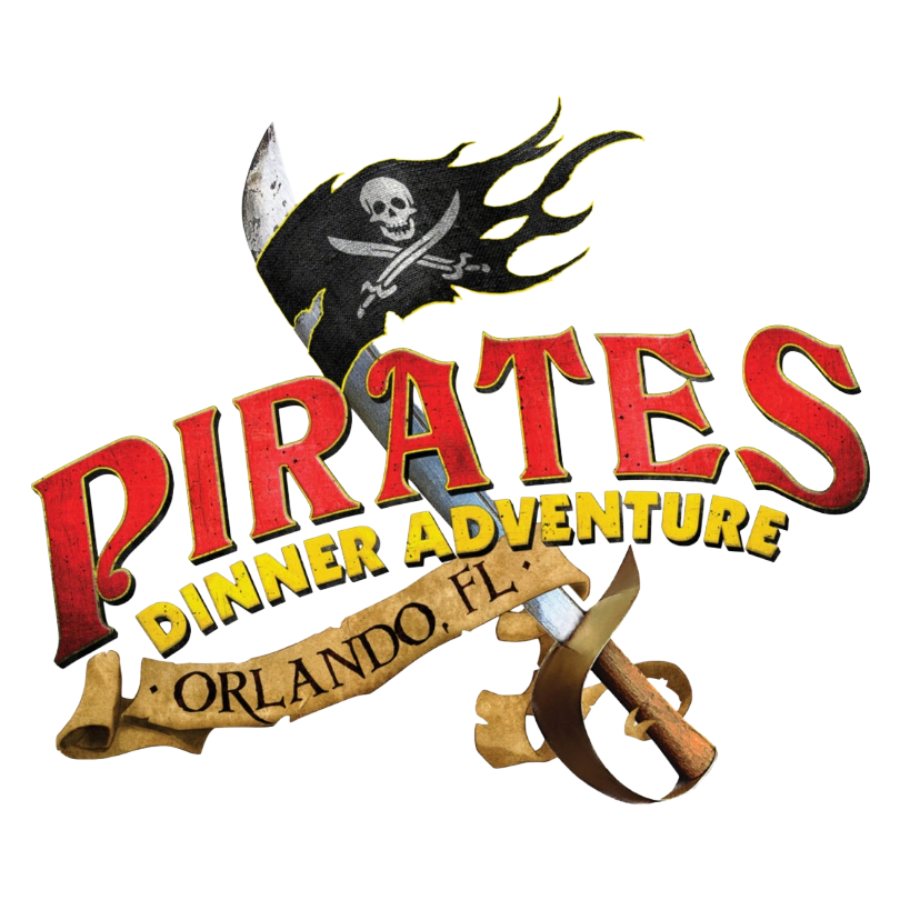 The words "Pirates Dinner Adventure, Orlando, Florida" over a sword with a pirate flag at the top.