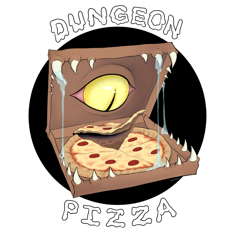 An open pizza box with dripping teeth around the rim and an eye in the center of the inner top flap. Around the image are the words "Dungeon Pizza."