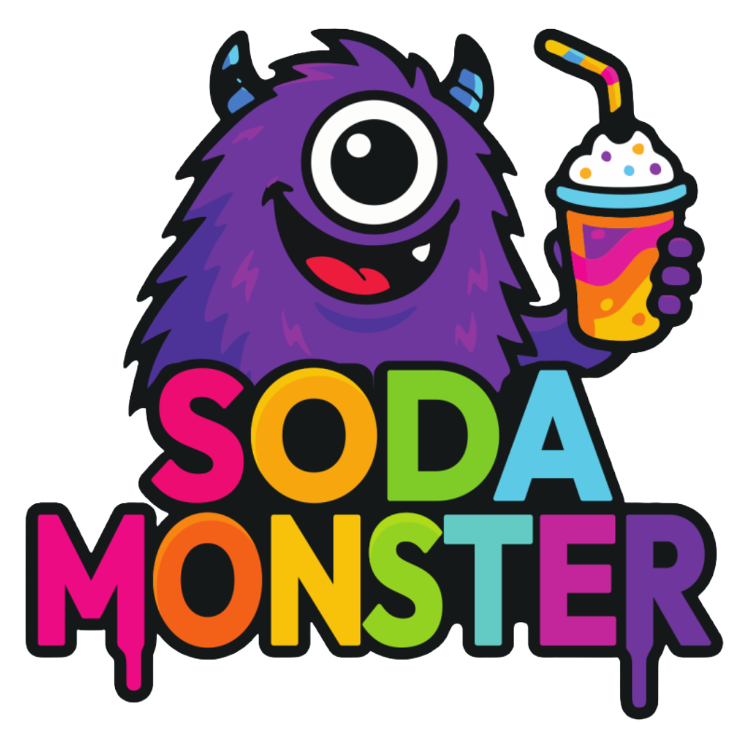 A purple, fuzzy, one-eyed monster holding a soda cup. Under the monster are the words "Soda Monster."