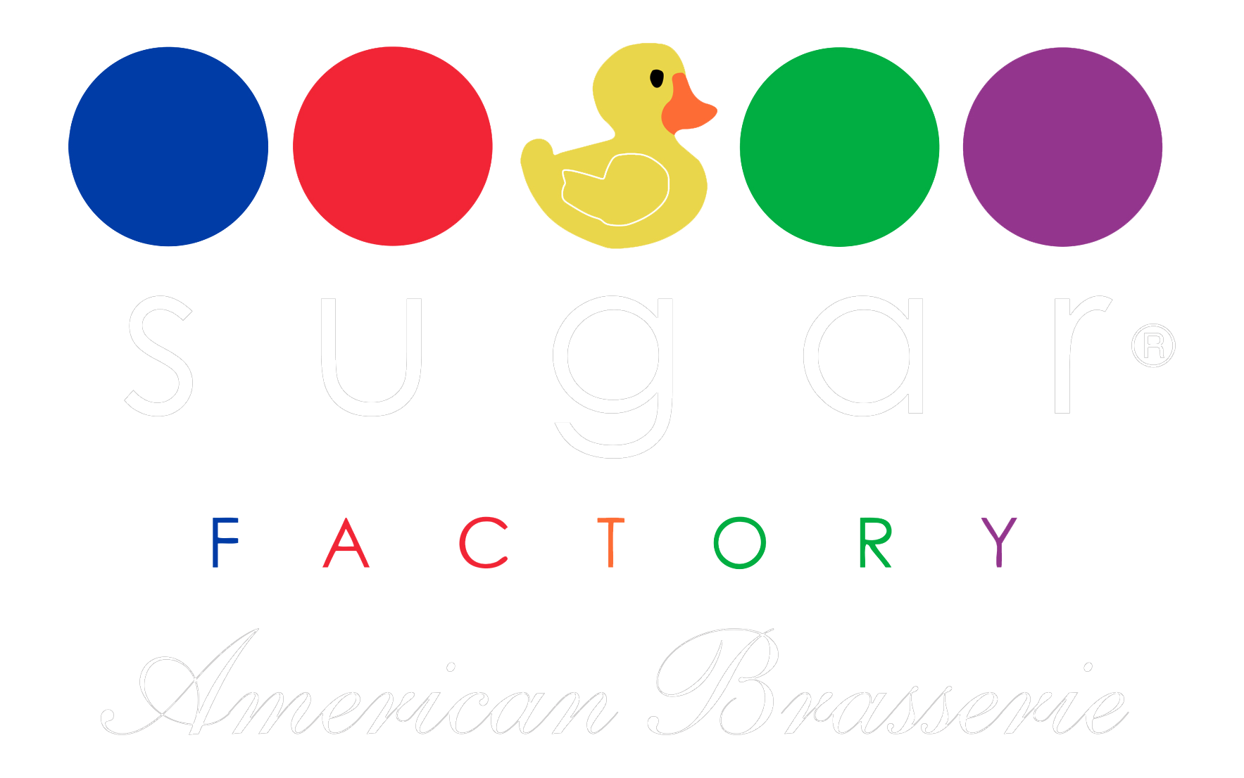 A rubber duck in between balls colored blue, red, green, and purple. Under the duck and balls are the words "Sugar Factory American Brasserie."