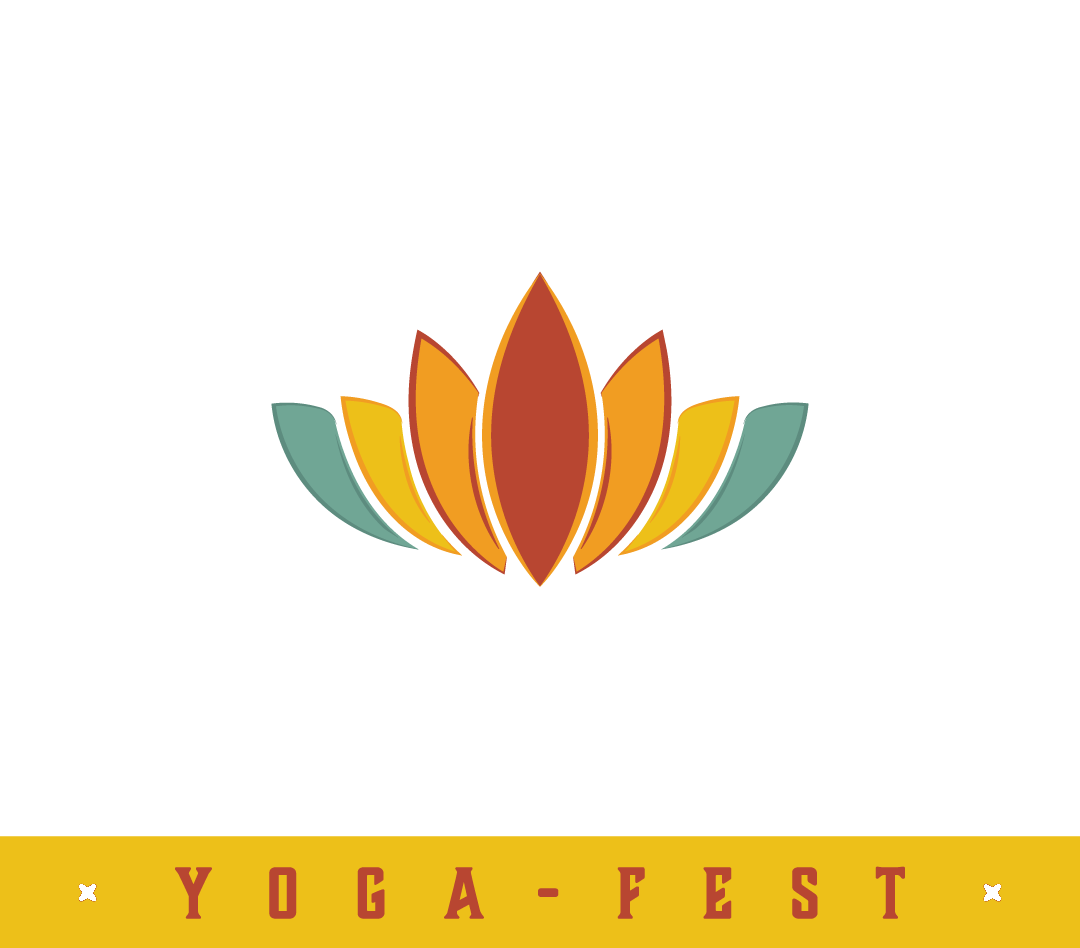 The graphic outline of a domed roof sits atop a colorful flower. Under this image, text reads "DeLand Yoga Fest."