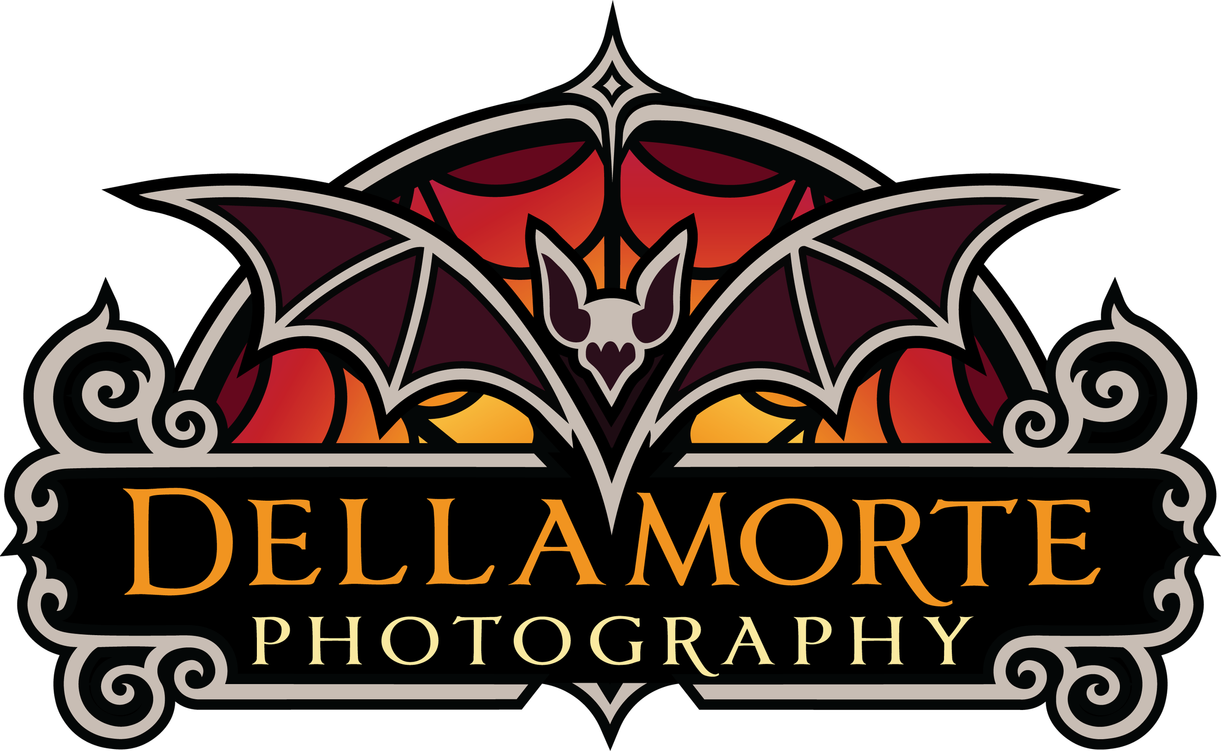 A bat in front of a stained-glass window. Under the bat are the words "DellaMorte Photography."