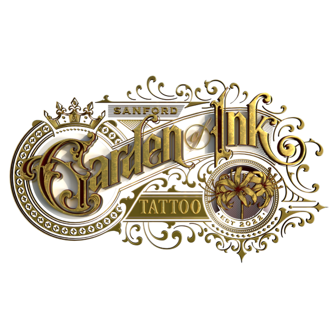 A golden steampunk backdrop behind the words "Sanford Garden of Ink Tattoo, Established 2022." A collection of golden flowers sits in the bottom right corner.