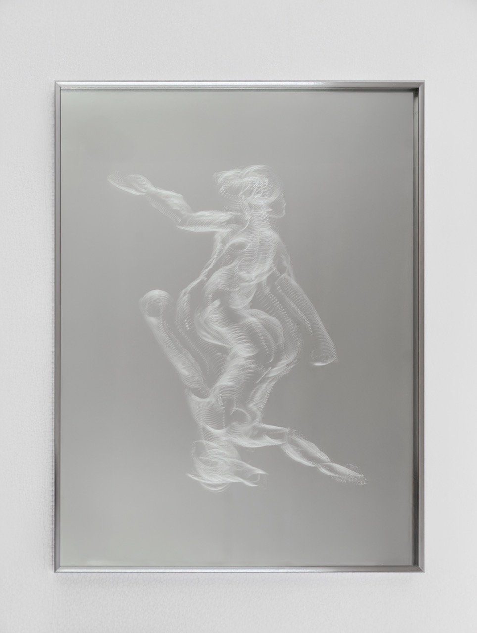 In the series of works entitled Rehearsed, Mirrored (2024), Chong etches traces of movement in mirrors and glass panels. His process recalls the movement studies of Eadweard Muybridge, where every phase of a movement is captured in a momentary pho
