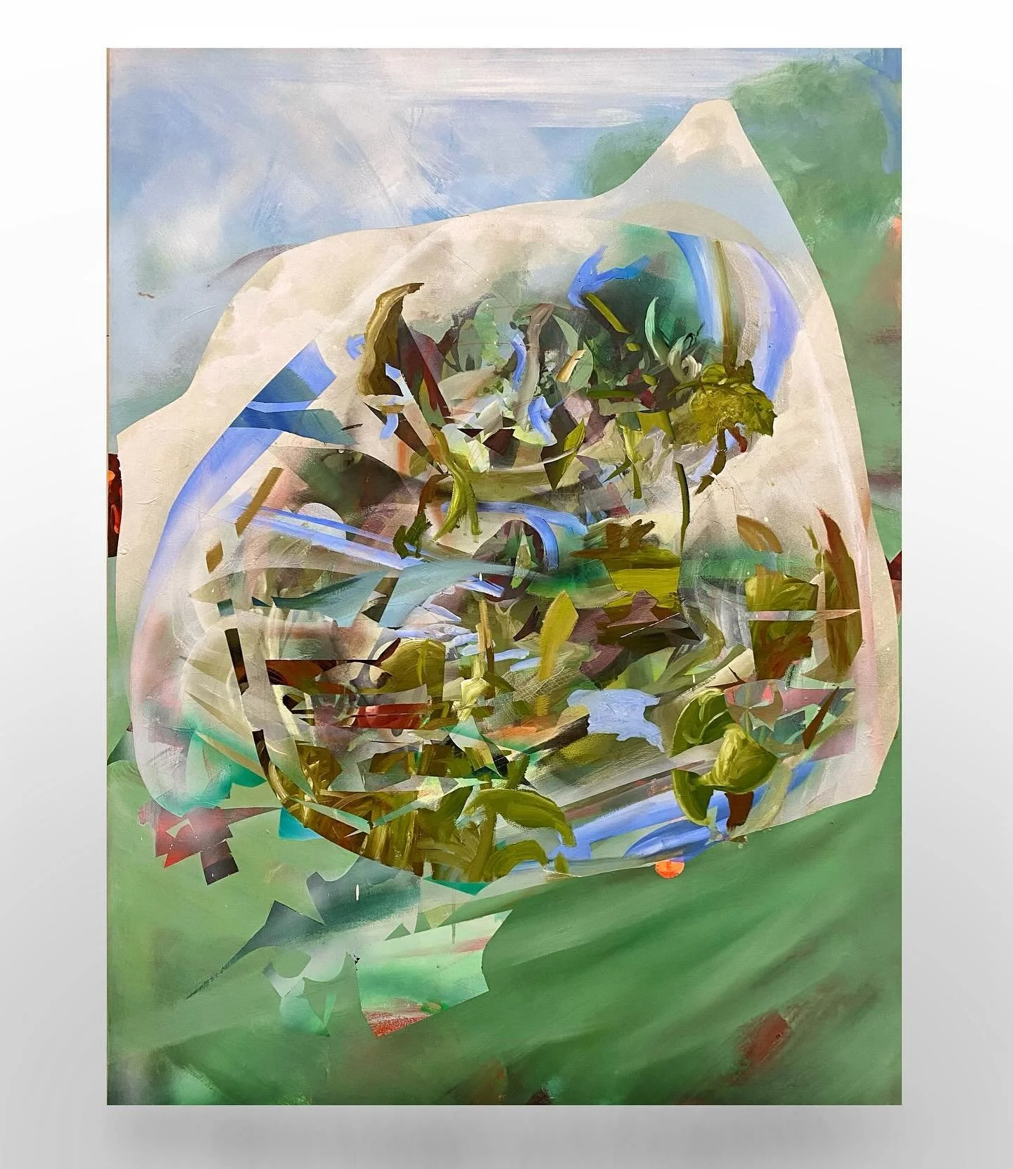 Flying Fish, acrylic, prisma color, spray paint, and oil on panel, 36x48in, 2024