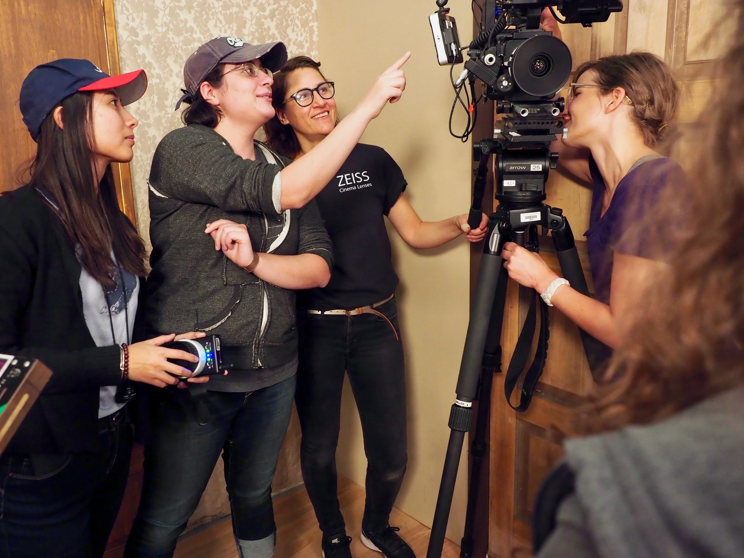 DP Ruochen Bo, Writer/Director Sara Casaus, DP Mentor Diana de Aguinaga, and 1st AC Mentor Jenelle Stafford on the set of Bottled Up.