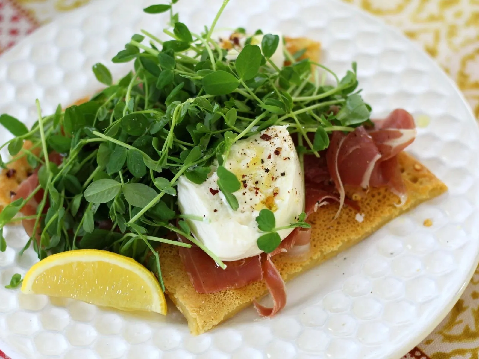 Pea Shoot &amp; Prosciutto Socca