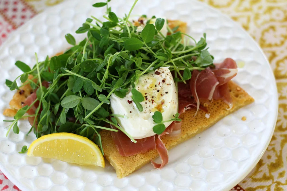 Pea Shoot & Prosciutto Socca