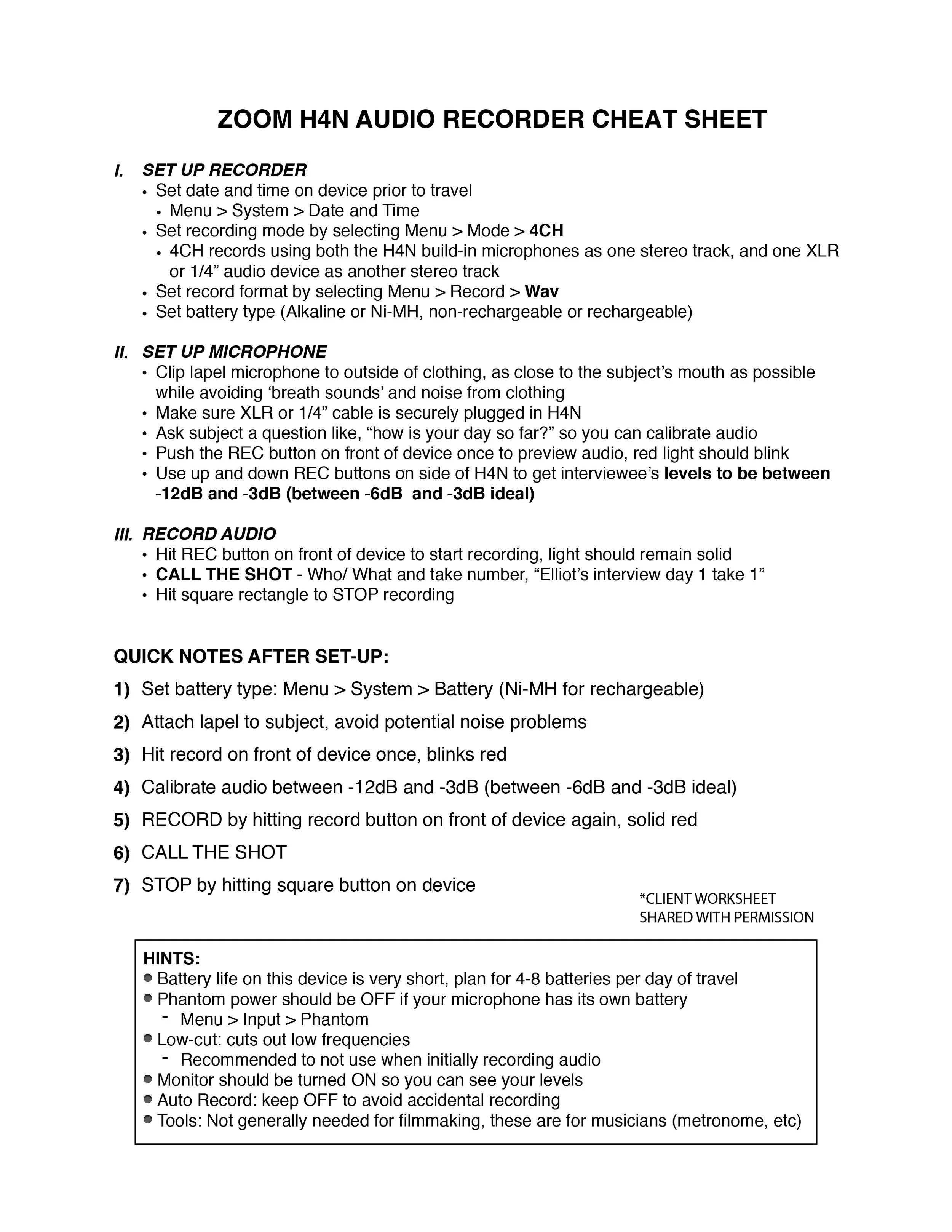 Zoom H4N Setup, Quick Notes