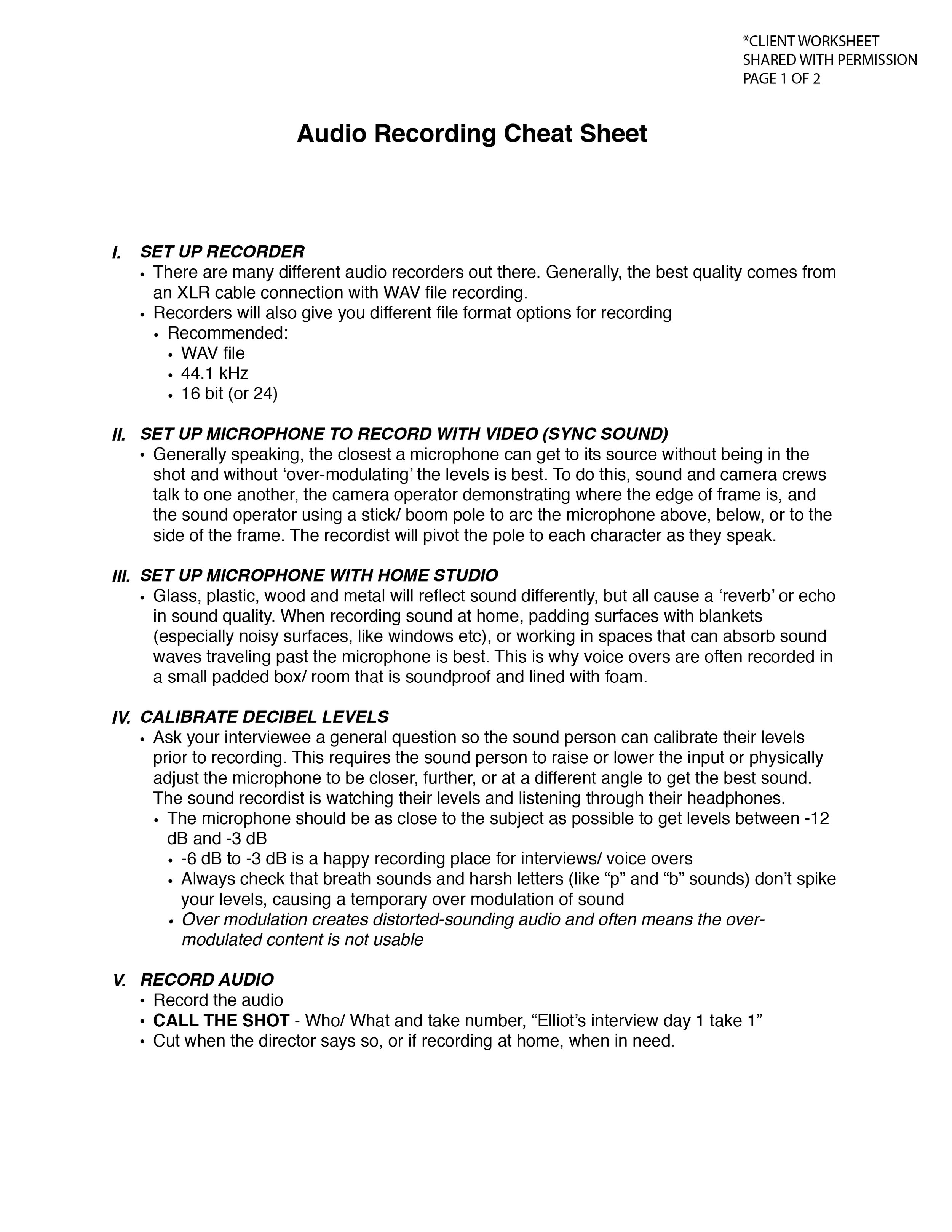 Audio Recording Quick Notes