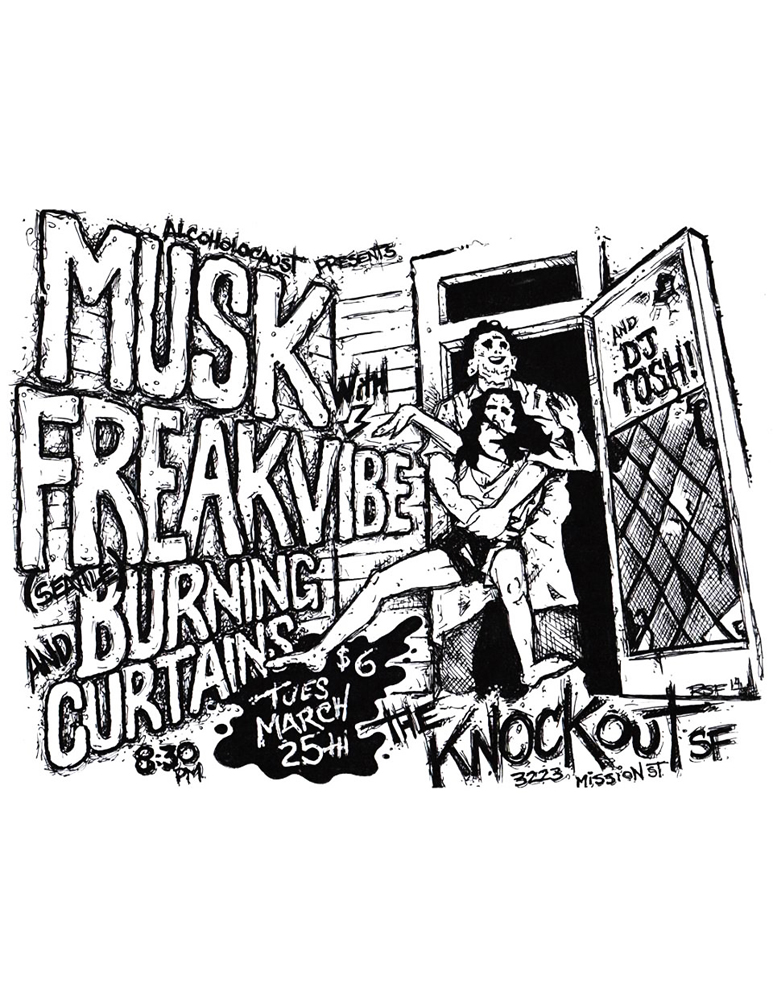 musk-freakvibe-burningcurtains-noiserock-poster-flyer-artwork-robfletcher-leatherface-edgein-texaschainsawmassacre-theknockout-2014