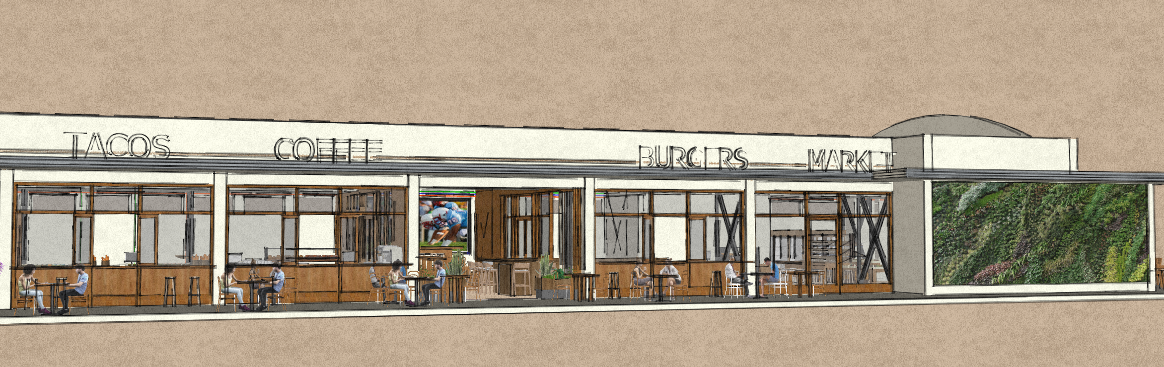 Conceptual North Elevation of Phase 1 of Historic Food City Building. This image was created by Kelly & Morgan Architects for exclusive use by Grub LLC. All Rights Reserved.