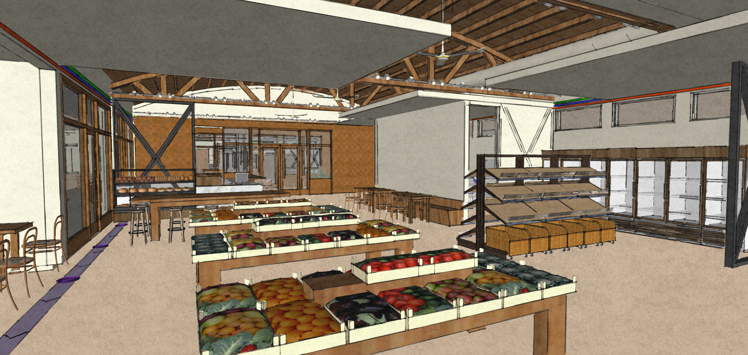 Conceptual interior image of Phase 1 of Historic Food City Building. This image was created by Kelly & Morgan Architects for exclusive use by Grub LLC. All Rights Reserved.
