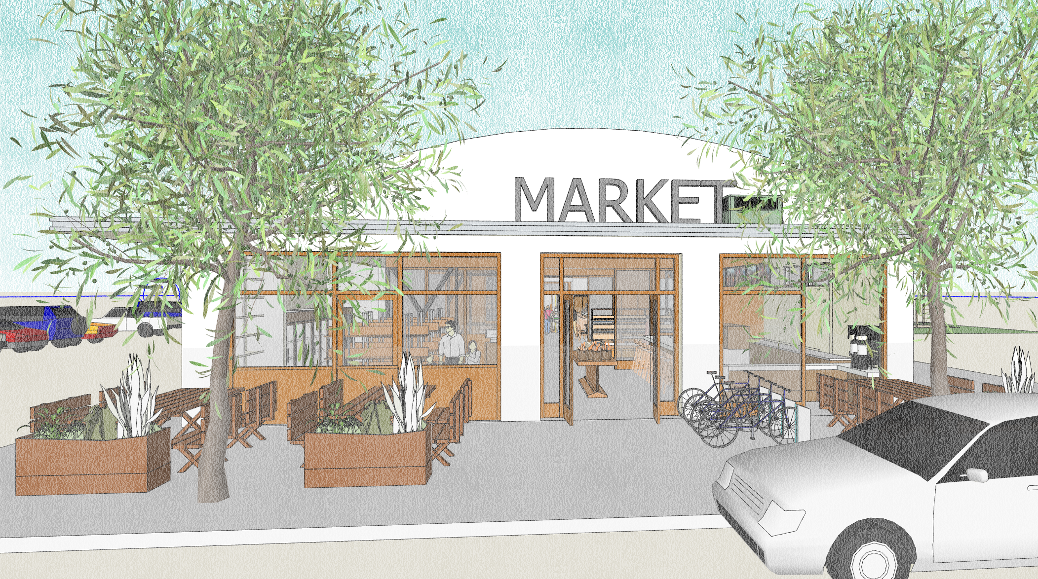 Conceptual exterior image of West Entrance at Hartson St., a potential part of Phase 1 of the Historic Food City Building. This image was created by Kelly & Morgan Architects for exclusive use by Grub LLC. All Rights Reserved.