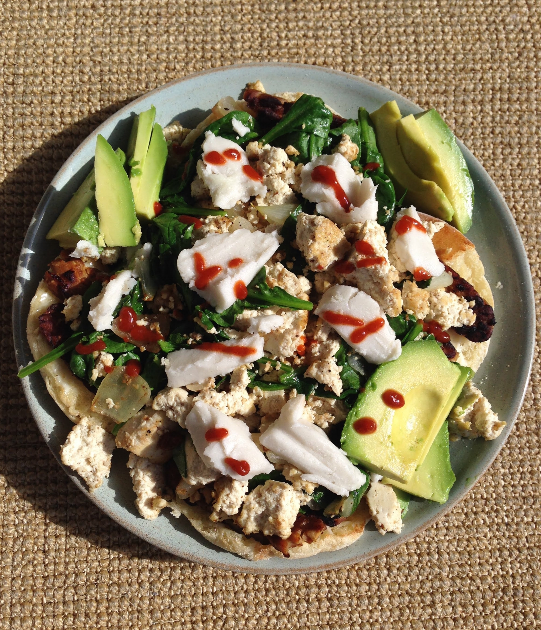 Vegan tofu scramble on English muffin. Shot with iPhone 5s on September 23, 2017.