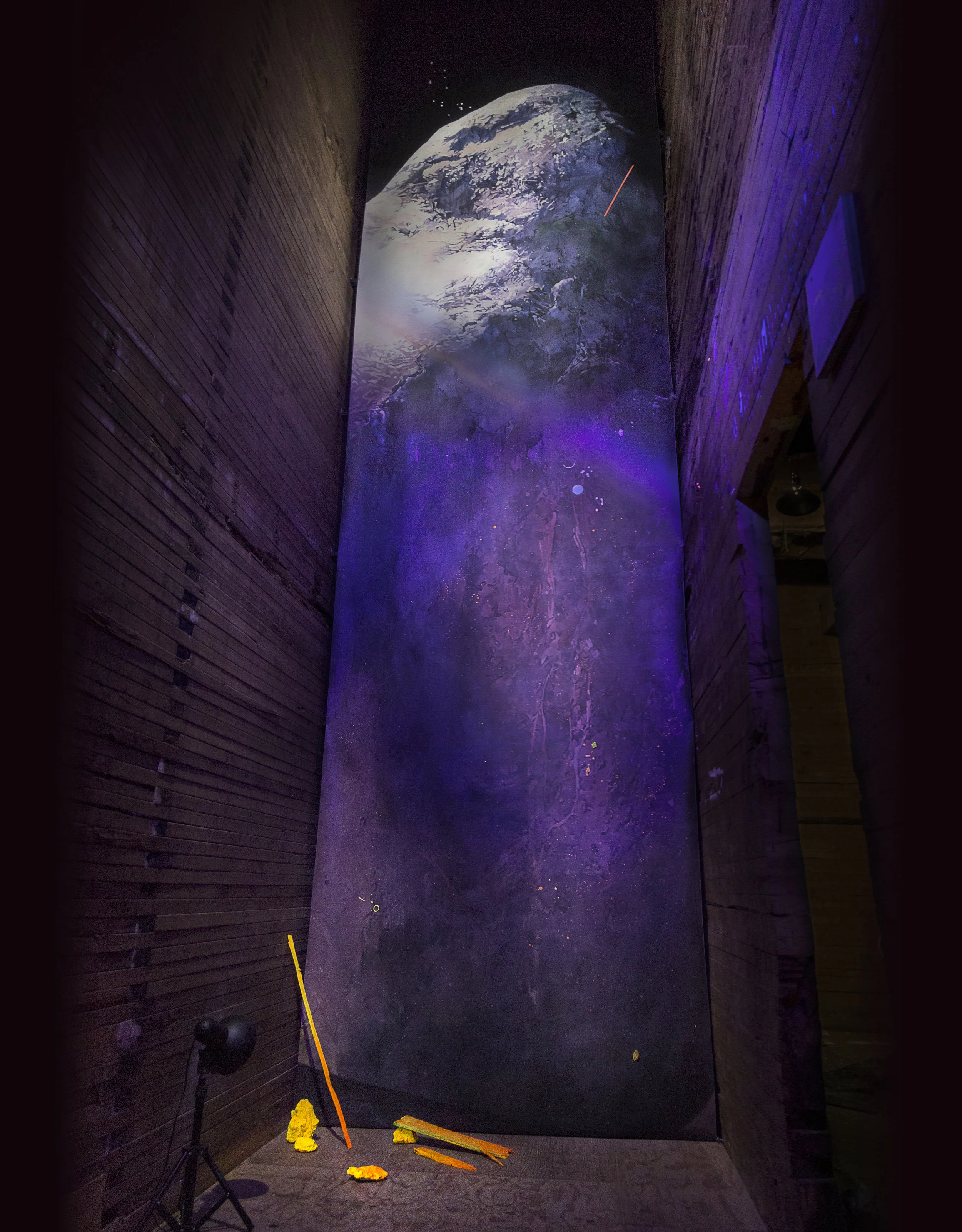 Boulder 2017, Painting Installation, Acrylic on Canvas, Concrete and Wood, 5’ x 20′