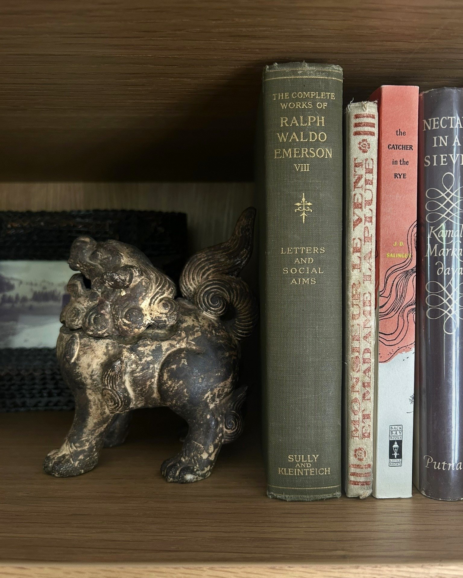 Bookshelf Moment | a chunky little dragon keeps these beautiful books in place 

---------------------------------
#bookcasestyling #bookcasedecor #oldbooks #beautifulbooks #bookends #designdetails #huntleyandcompany #huntleycodesign #triciahuntley  
