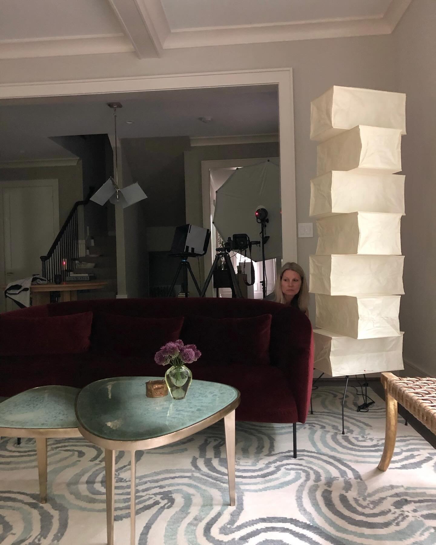 We stumbled across this photo in our files yesterday. #behindthescenes at photoshoots always bring out the laughs! 😒🤣 #photoshoot #triciatuesday #creeper #interiordesignlife #noguchi #moderncarpet #eclecticdecor #huntleycodesign