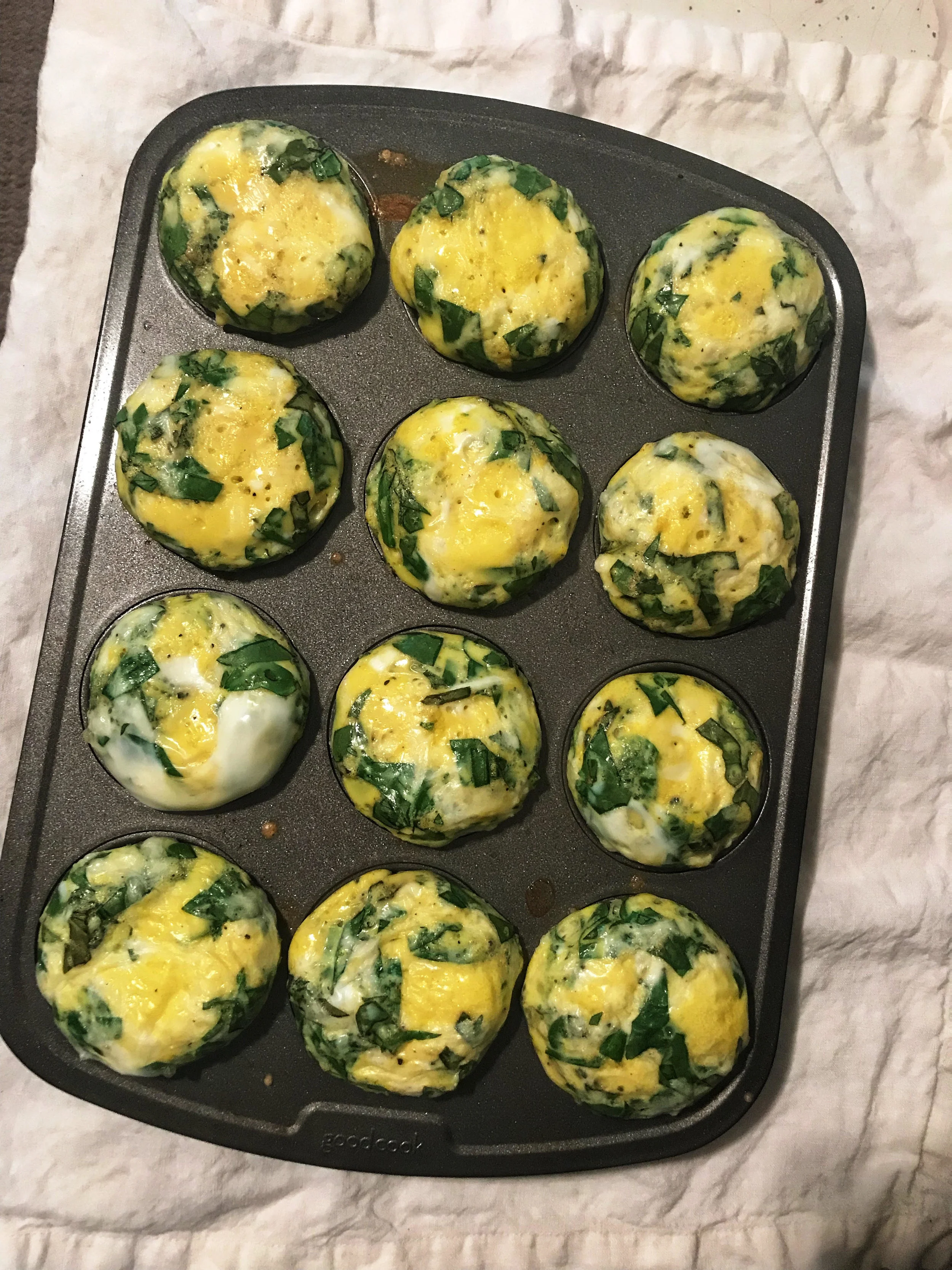 Spinach and Basil Egg Cups (makes 12 cups) - Dozen eggs - 2 c. chopped spinach - ¼ c chopped basil - ¾ c shredded mozzarella - 1 tsp seasoning salt 1. Pre-heat over to 375. Spray muffin tins with cooking spray or use silicone baking cups. 2. Whisk eggs with the spinach, basil, cheese and seasonings. 3. Pour into tins and bake for 20 minutes. Keeps in airtight container for 4-5 days in the fridge *I like to top these cups with salsa, or with my cilantro and basil vinaigrette. Gives it a nice kick!