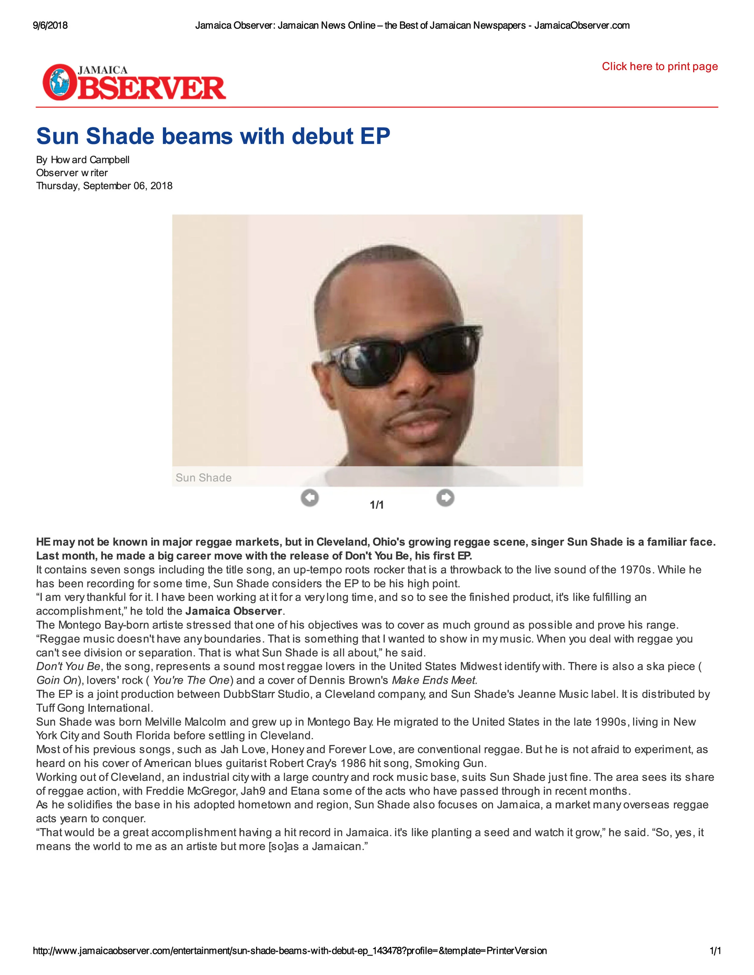 Sun Shade beams with debut EP By Howard Campbell Observer writer