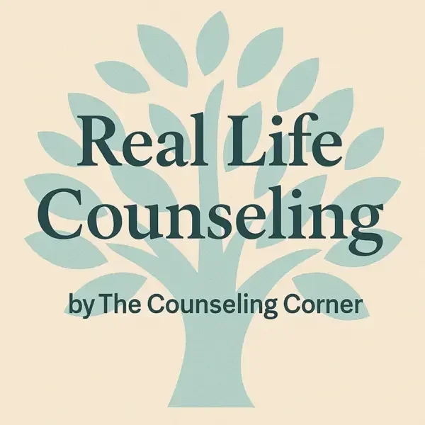 A logo for Real Life Counseling by The Counseling Corner featuring a stylized tree with leaves on a beige background.