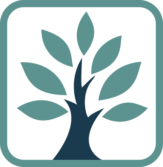 Icon of a tree with a dark green trunk and leaves against a black background, with a rounded green border.
