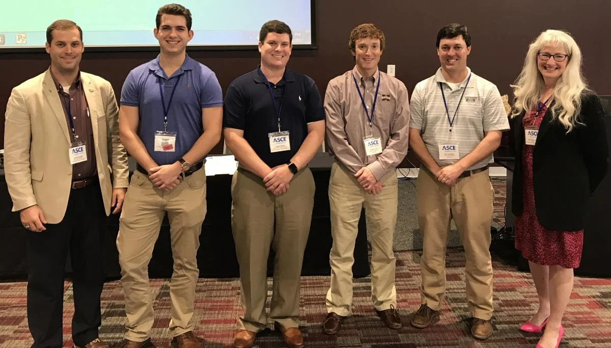 2018 Mississippi section leadership, from left: Jacob forrester - board of directors; luke pettersen - SECRETARY; steven worley - president; austin moore - president elect; will pentecost - treasurer; jean mattel - past asce president