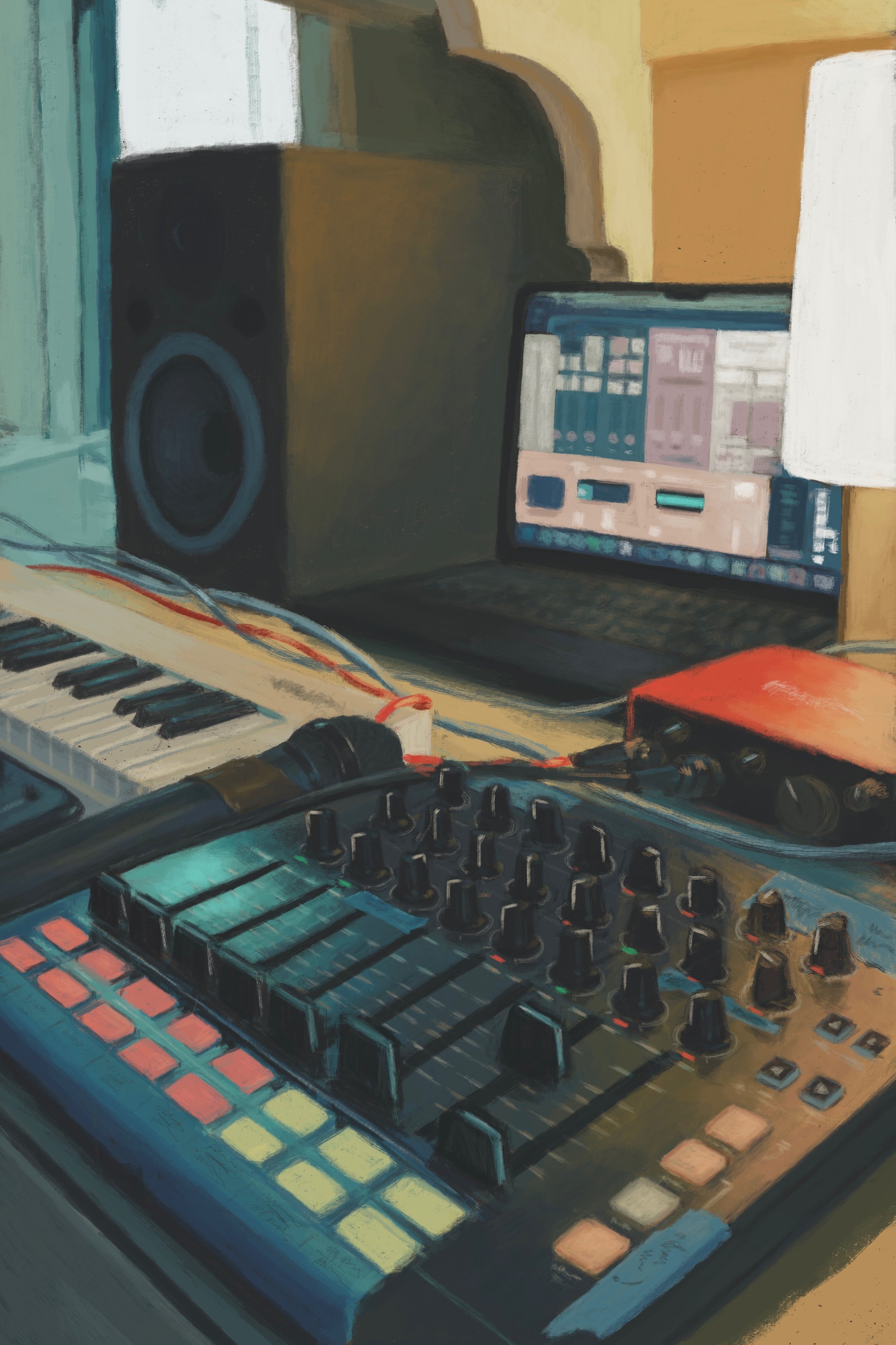 A music production setup with a keyboard, a MIDI controller, a studio monitor, a laptop displaying a digital audio workstation, and other audio equipment.