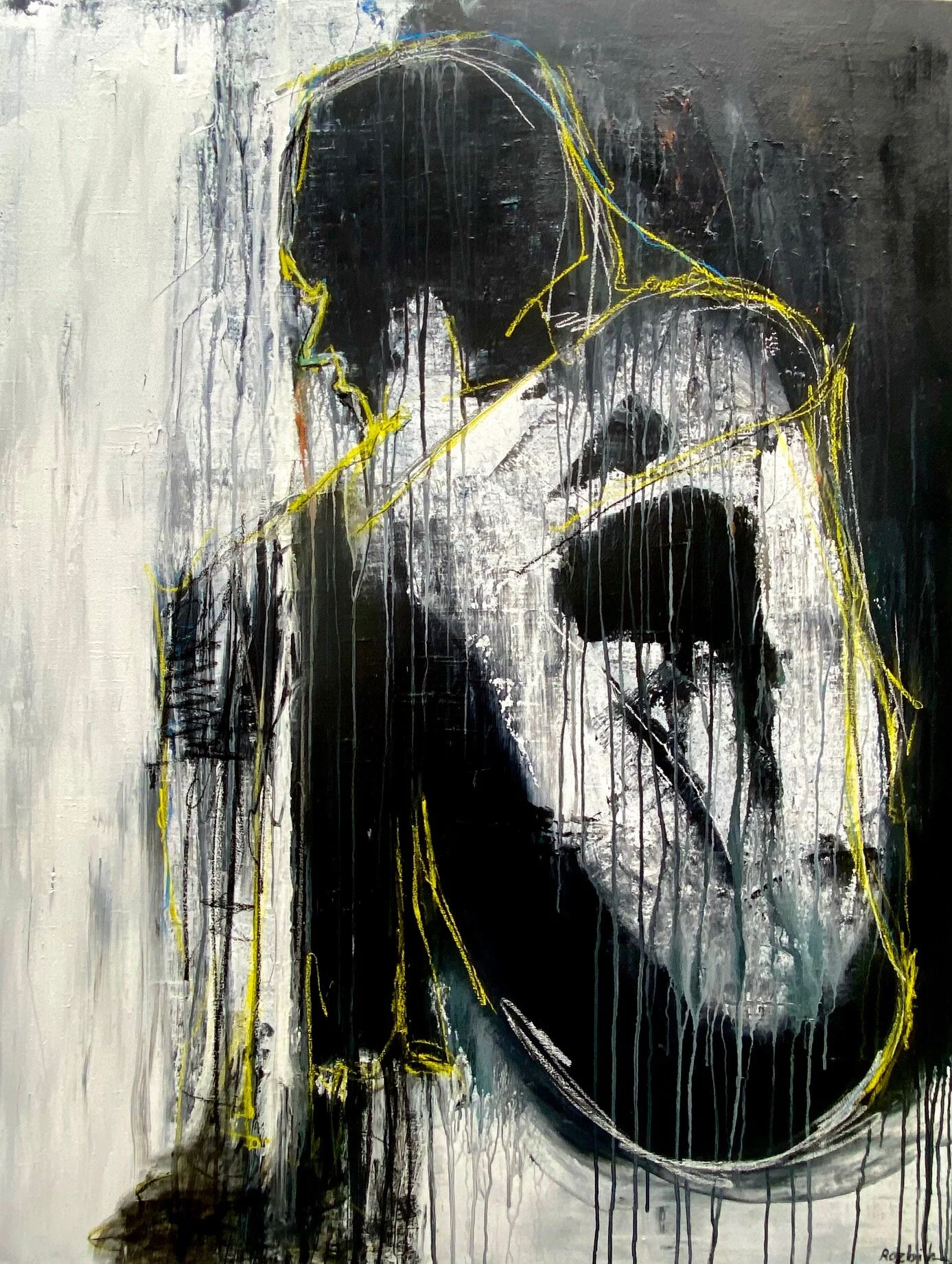  Acrylic, Molding Paste, Charcoal and Pastel on Canvas. 41” x 54” x 1 1/2” in. 