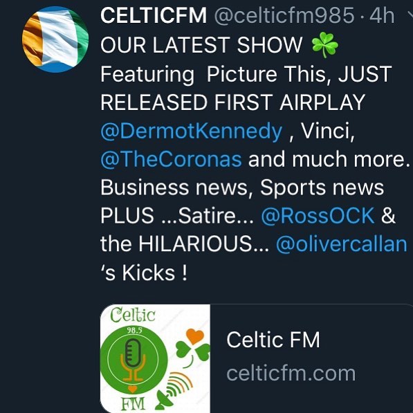 OUR LATEST SHOW ☘️ Featuring  Picture This, JUST RELEASED FIRST AIRPLAY  @DermotKennedy , Vinci, @TheCoronas and much more. Business news, Sports news PLUS &hellip;Satire... @RossOCK &amp; the HILARIOUS&hellip; @olivercallan &lsquo;s Kicks !  https:/