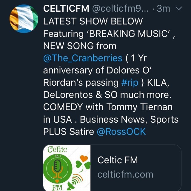 ‪LATEST SHOW BELOW ‬
‪Featuring &lsquo;BREAKING MUSIC&rsquo; , NEW SONG from @The_Cranberries ( 1 Yr anniversary of Dolores O&rsquo; Riordan&rsquo;s passing #rip ) KILA, DeLorentos &amp; SO much more. COMEDY with Tommy Tiernan in USA . Business News,