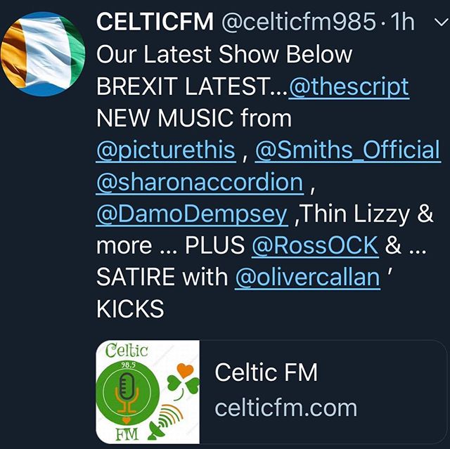 OUR LATEST SHOW ☘️ BELOW 
BREXIT LATEST&hellip;The Script, NEW MUSIC from PICTURE THIS. The Smiths, Sharon Shannon, Damien Dempsey, Thin Lizzy &amp; more &hellip; PLUS The &lsquo;Lege&rsquo; ,R.O.C.K 
https://celticfm.com/podcasts/