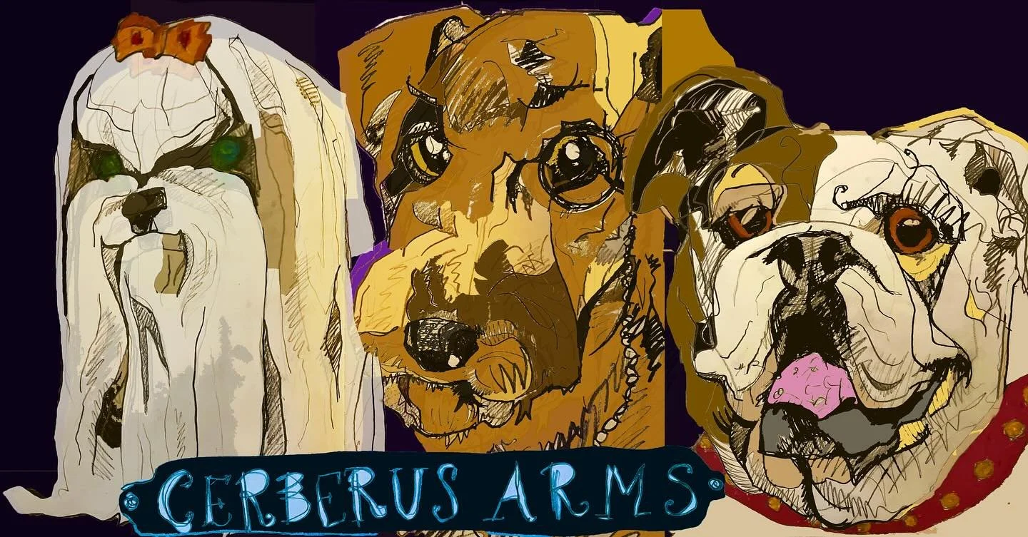 The Cerberus Arms: A gateway to the pub-like mouth to the Underworld in my latest script, overshadowed by a three-headed, multi-breed of dog. 🐶

&ldquo;A glowing light emanates from the statue, become animate. The three dogs: An Airedale Terrier, a 