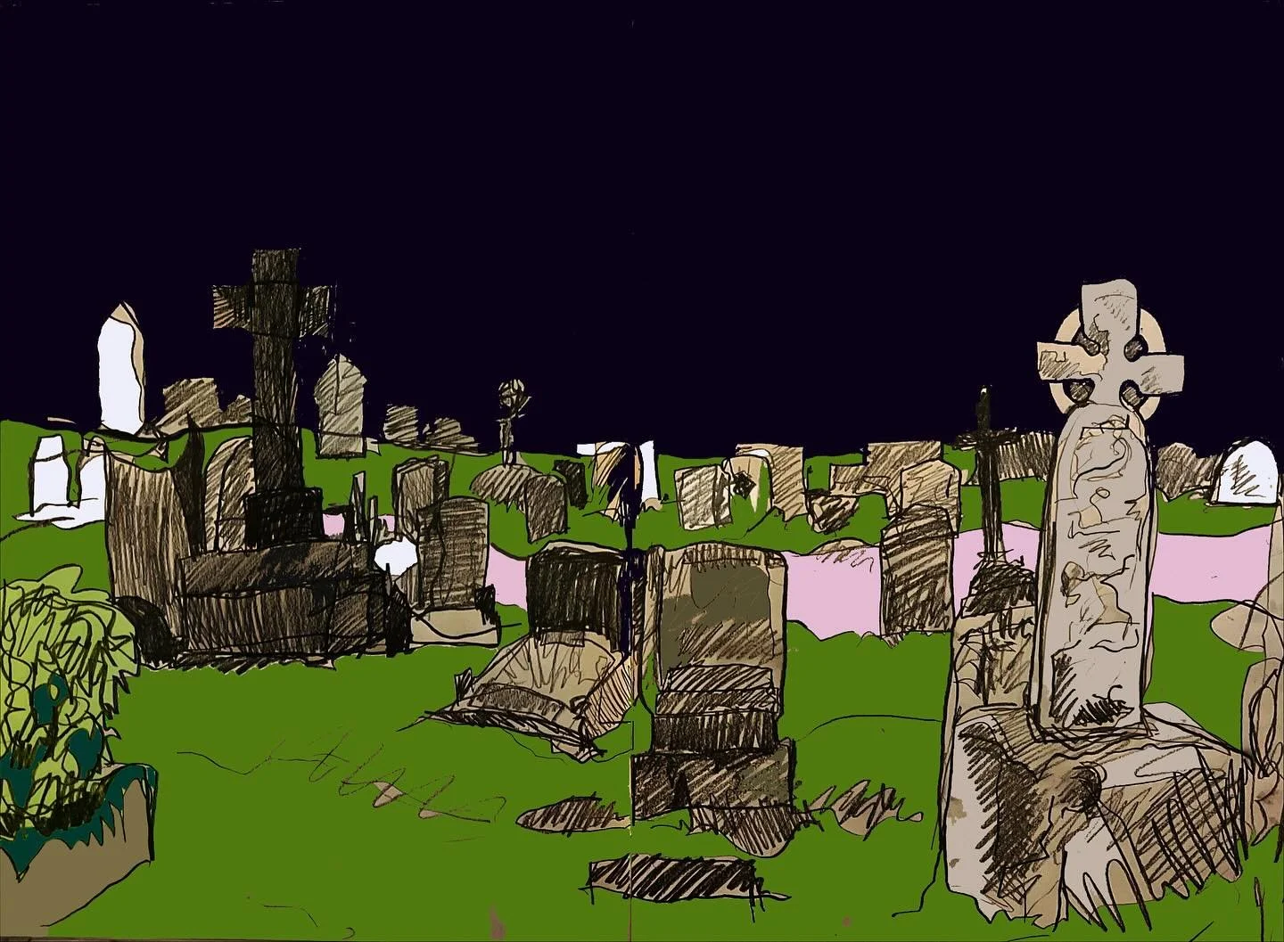 Aurora Sky piece, second layer. Part of a larger set which concludes the series in accompaniment to my latest script. This part reads:
🪦
&ldquo;Underneath the sky: A graveyard, packed with graves, old and new, of all shapes and sizes. A chilling Nov