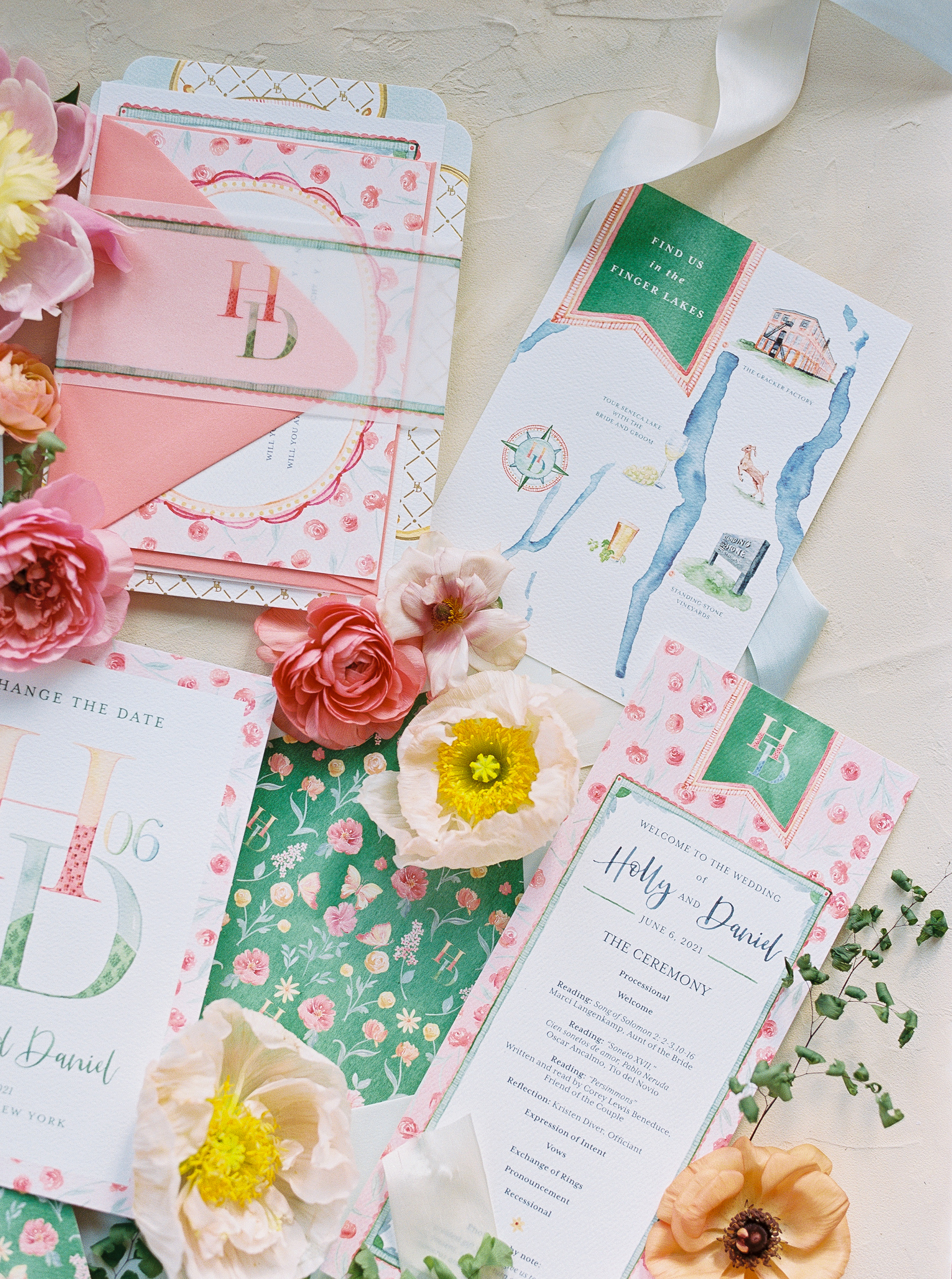 Colorful, fun, flower-filled wedding day featuring custom stationery  details. — Stone Fruit