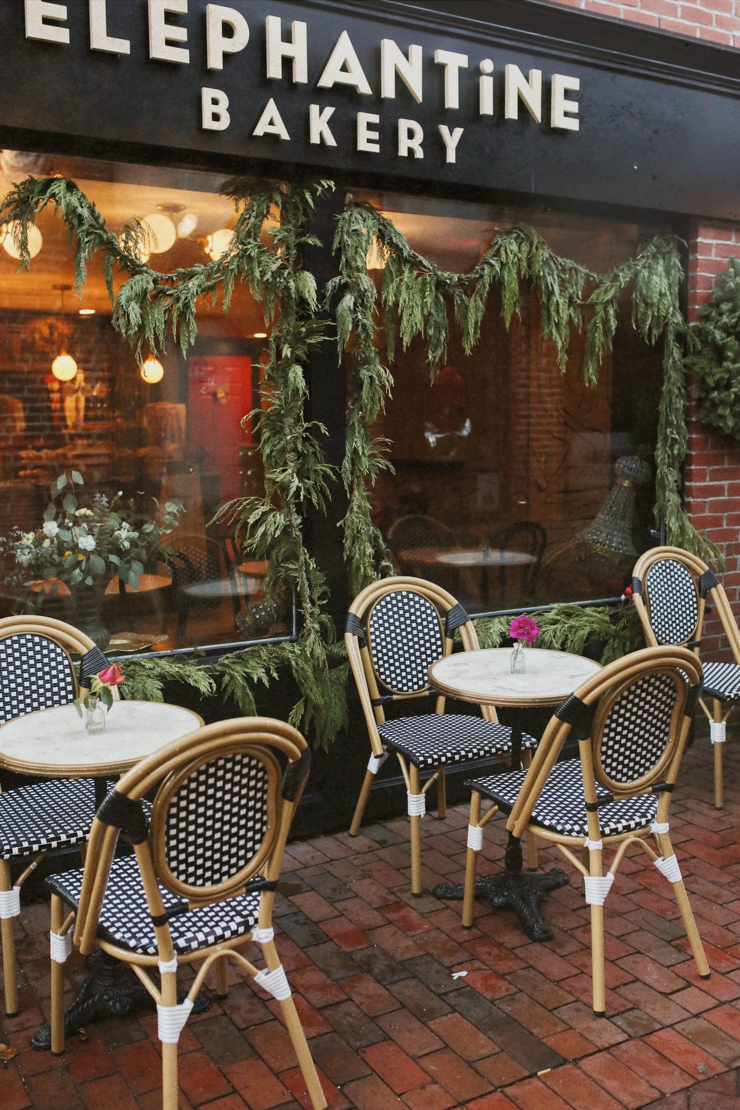 Exterior of Elephantine Bakery & Café in Portsmouth, New Hampshire during the winter holiday season.