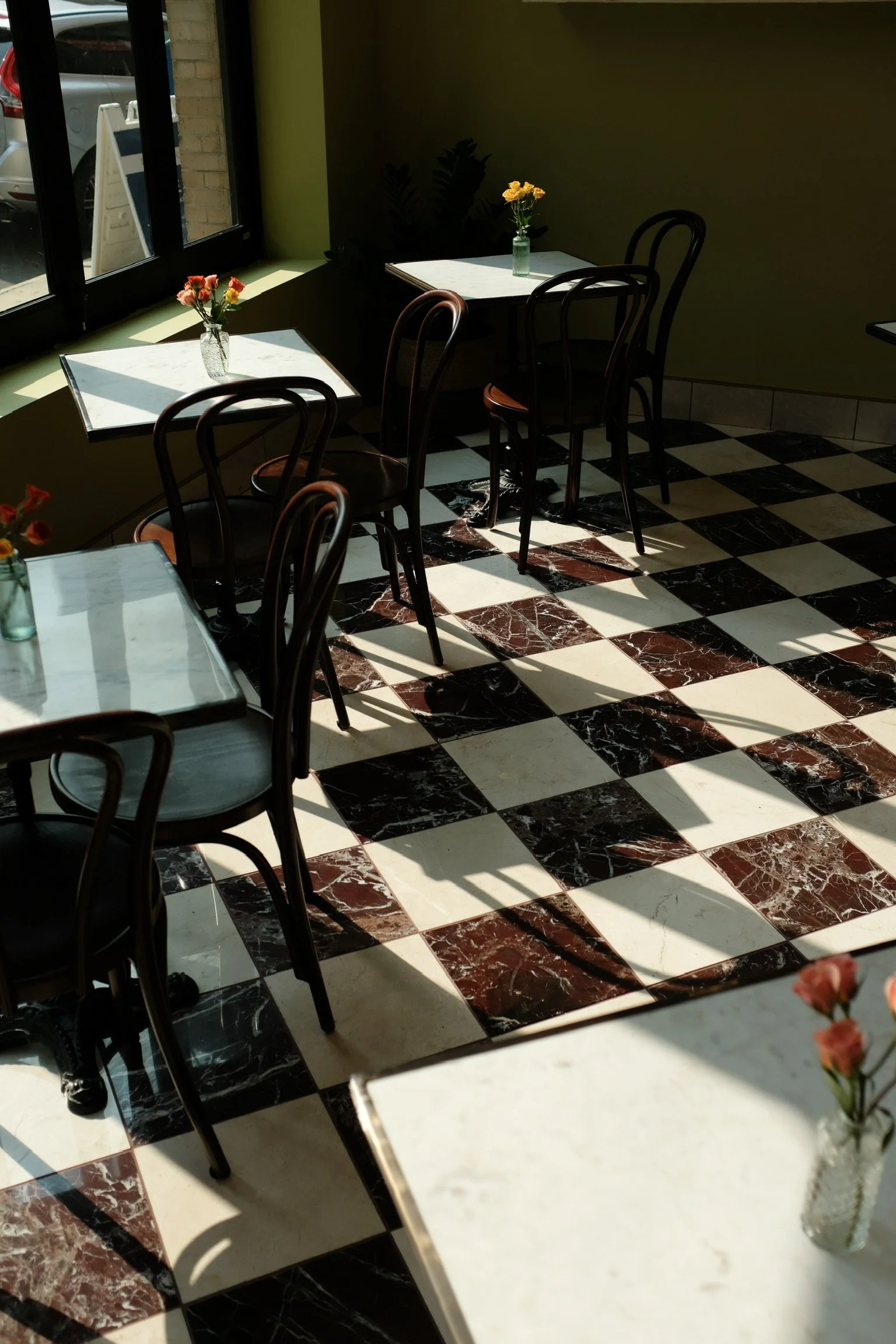 Marbled floors in Elephantine Bakery’s café in Boston’s Fort Point near the Seaport